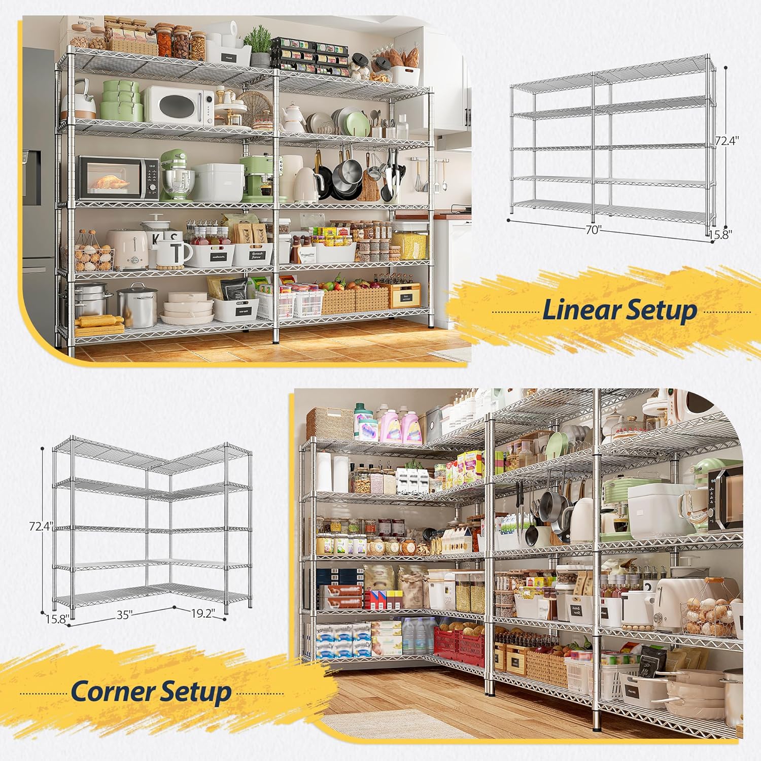 REIBII 70" W Wire Shelving Load 1500LBS, Metal Shelving 5-Tier Storage Shelves Metal Shelves for Storage Adjustable Shelving Rack for Pantry Kitchen Commercial School 70" W*15.8" D*72.4" H,Chrome - Image 6