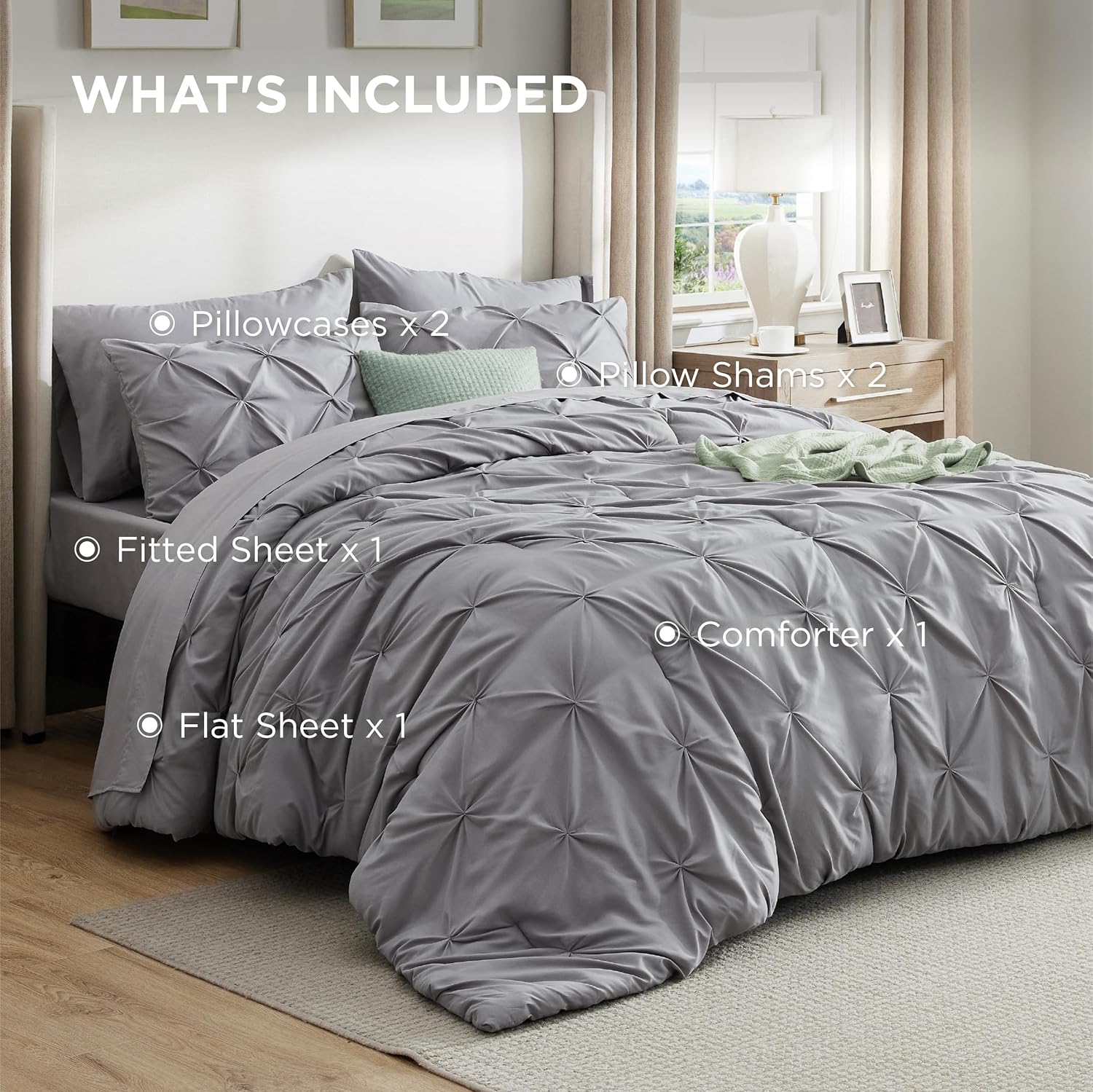 Bedsure Queen Comforter Set Grey - Bed in a Bag Queen Size Bedding 7 Pieces, GentleSoft™ Pintuck Bed Set Gift for Family, Pinch Pleat All Season Comforter with Sheets, Pillowcases & Shams - Image 9