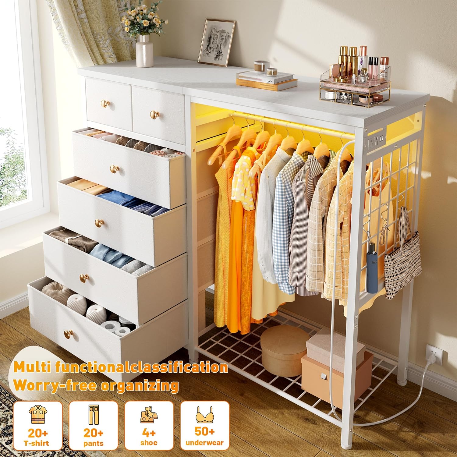 EnHomee 49.2" W White Dresser for Bedroom with Hanging Rack, 6 Drawers Dresser with LED Lights & Charging Station, Fabric Dressers & Chest of Drawers with Rack, Wooden Top, Grid Panel - Image 3