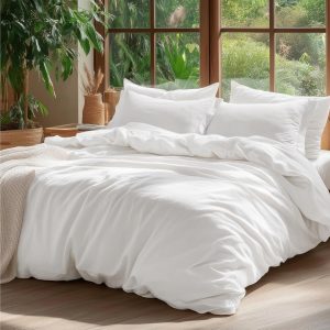 Bedsure 100% Washed Cotton Duvet Cover Queen Size - Natural White Minimalist Cotton Duvet Cover Linen Like for All Seasons - GentleSoft™ Plain Simple Bedding (Natural White, Queen, 90"x90")