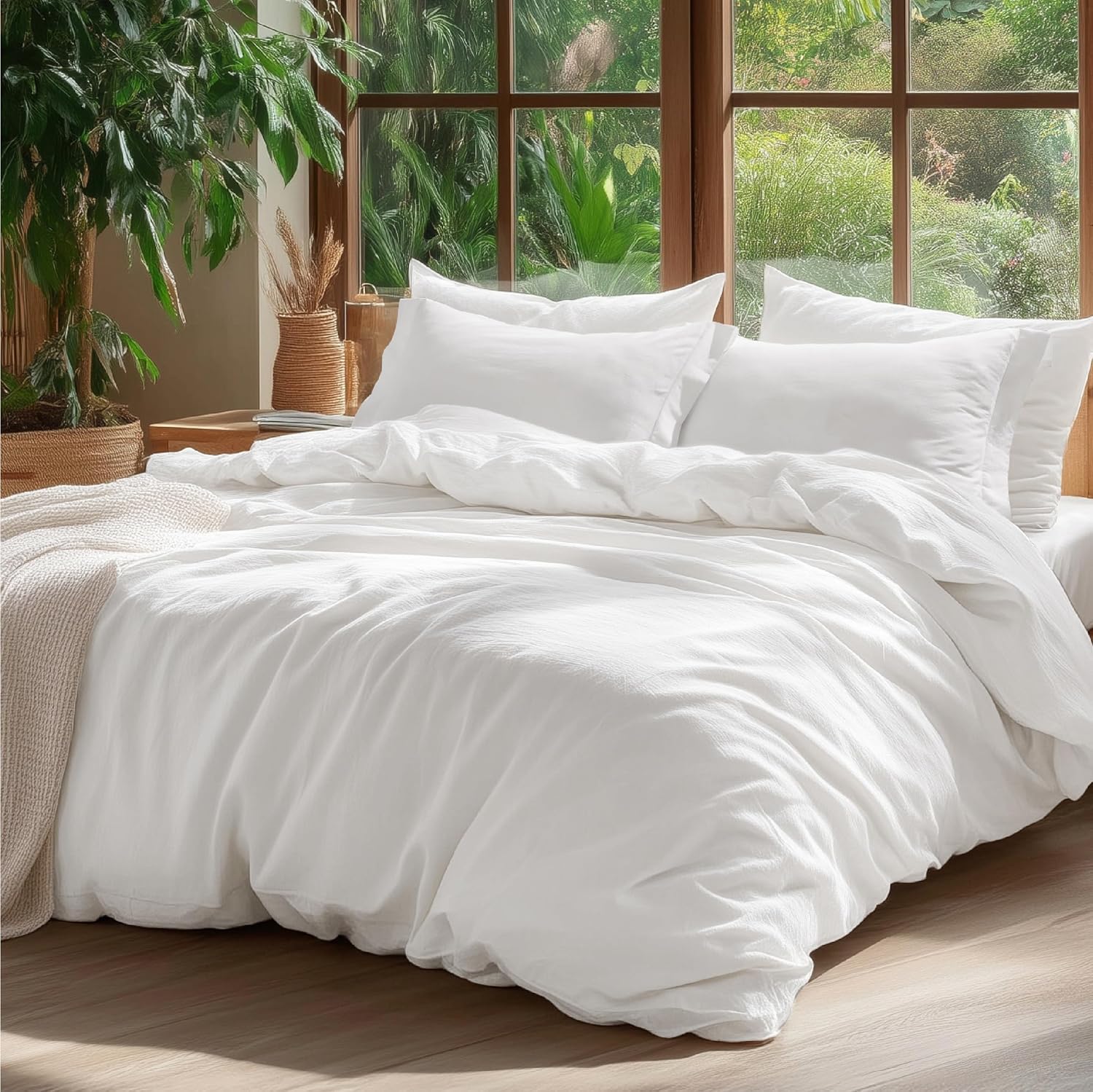 Bedsure 100% Washed Cotton Duvet Cover Queen Size – Natural White Minimalist Cotton Duvet Cover Linen Like for All Seasons – GentleSoft™ Plain Simple Bedding (Natural White, Queen, 90″x90″)