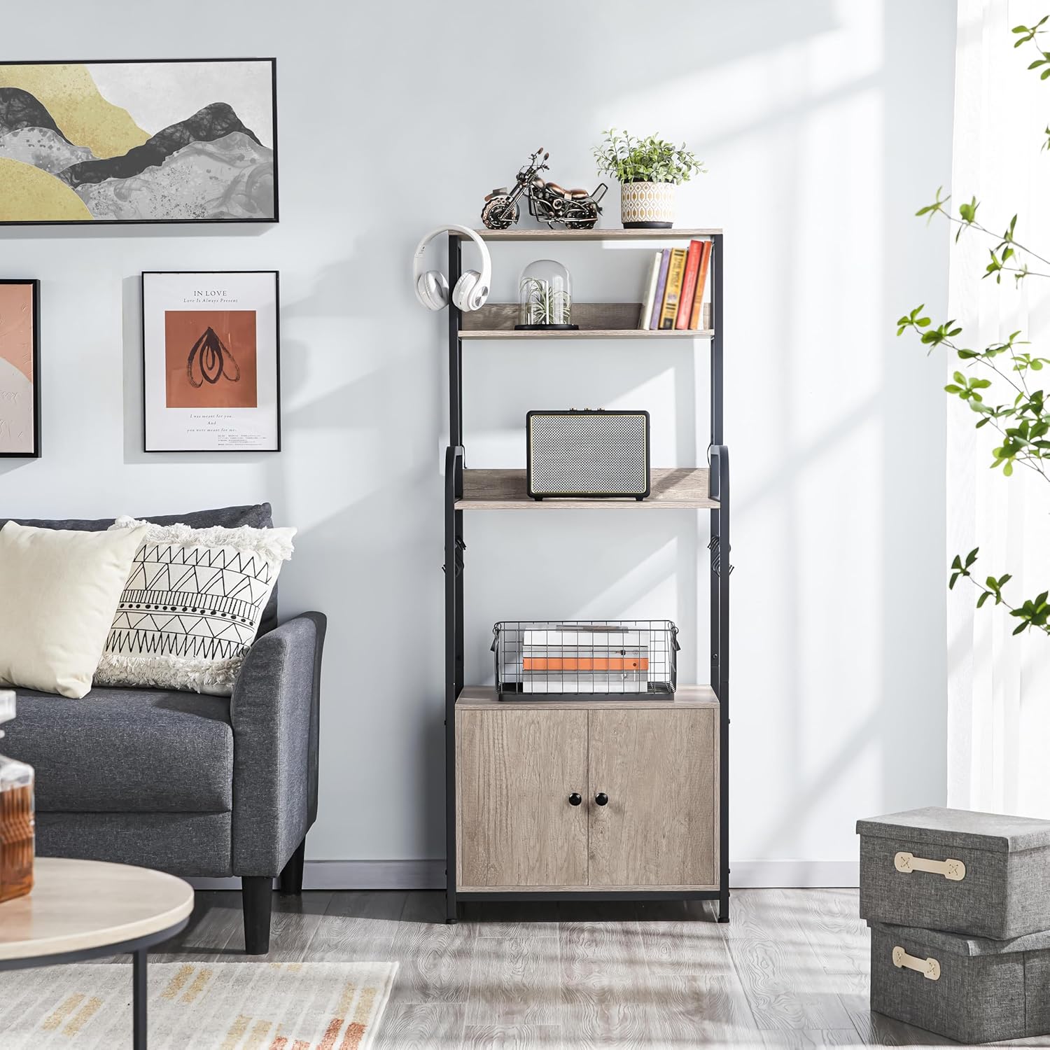 Yaheetech 4-Tier Kitchen Bakers Rack with Storage Cabinet and Hutch, Microwave Oven Stand Coffee Bar Pantry Cabinet with 8 S Hooks, Freestanding Kitchen Shelves Spice Rack, Gray - Image 8