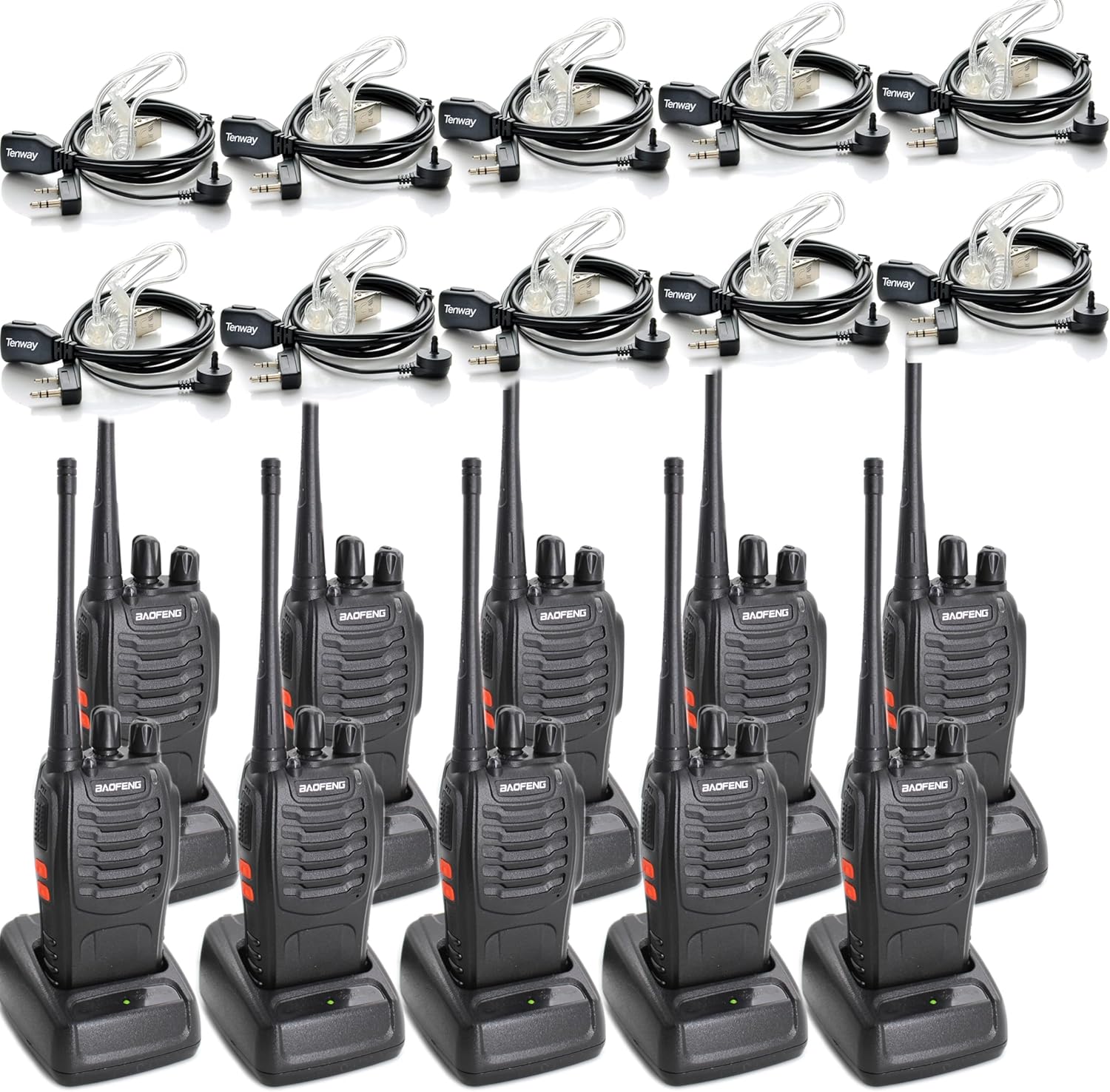 BAOFENG BF-888S Walkie Talkies for Adults Rechargeable Long Range 16 Channel Professional Walky Talky and Security Headphones Flashlight Li-ion Battery and Charger (10 Pack)