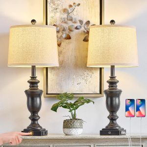 27.5" Set of 2 Farmhouse Table Lamps for Bedroom, 3 Way Dimmable Bedside Lamp with 2 USB +AC Outlet Nightstand Lamps for Living Room Resin Rustic Touch Lamps (Antique Black)