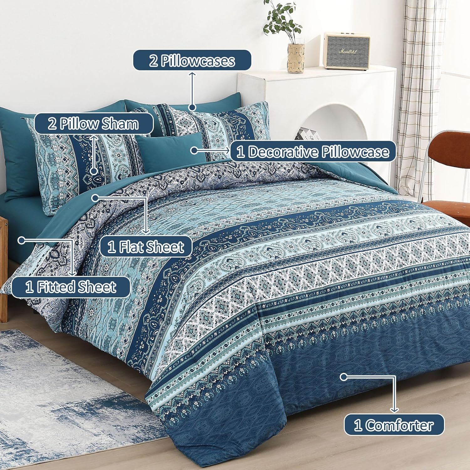 Cottolester Boho Blue Comforter Set Queen Size 8 Pieces,Teal Blue Comforter Bohemian Striped Bed in A Bag,Soft Microfiber Bedding Set for All Seasons - Image 2