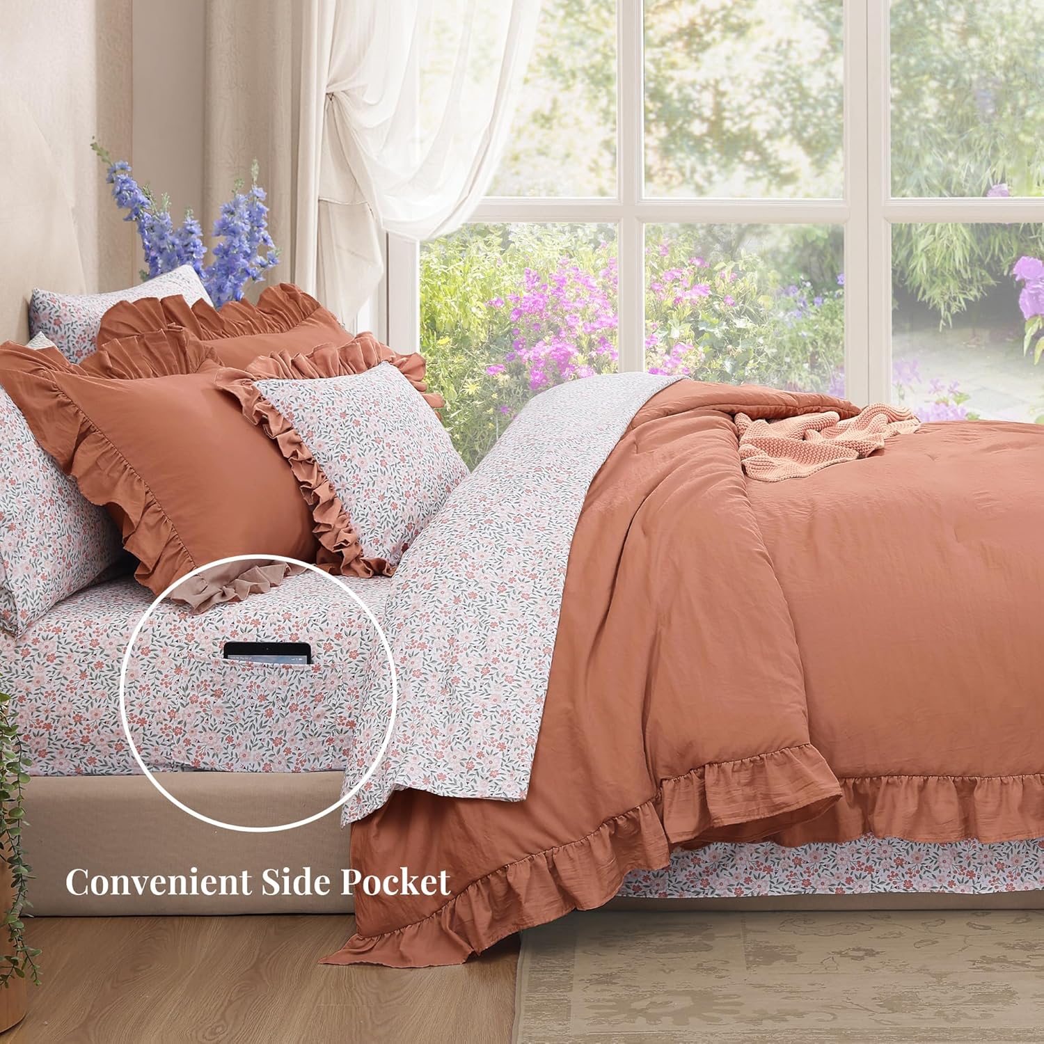 Queen Comforter Set - 7 Pieces Ruffle Autumn Leaf Bedding Sets, Shabby Chic Farmhouse Bed in a Bag Queen with Ruffle Comforter, Floral Sheets, Pillowcases & Shams - Image 4