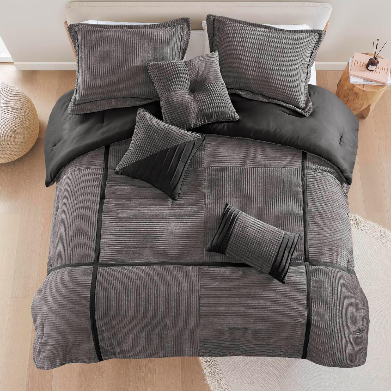 CHARMMA 7 Piece Micro Corduroy Comforter Set Grey Cal King, Grey, 104.00x92.00x1.50in - Image 2