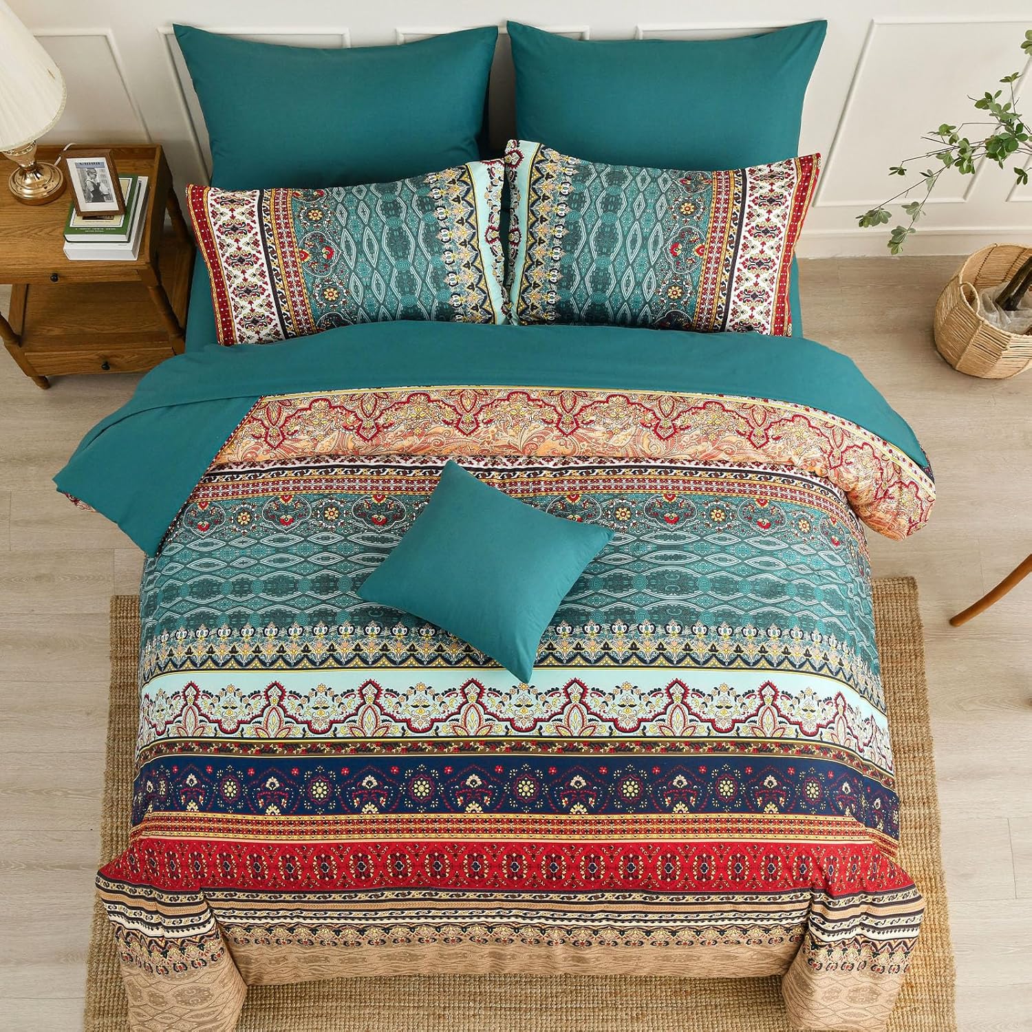 Cottolester Boho Queen Size Comforter Set 8 Pieces,Green and Brown Bohemian Striped Bed in a Bag,Floral Soft Microfiber Bedding Comforter Set - Image 5