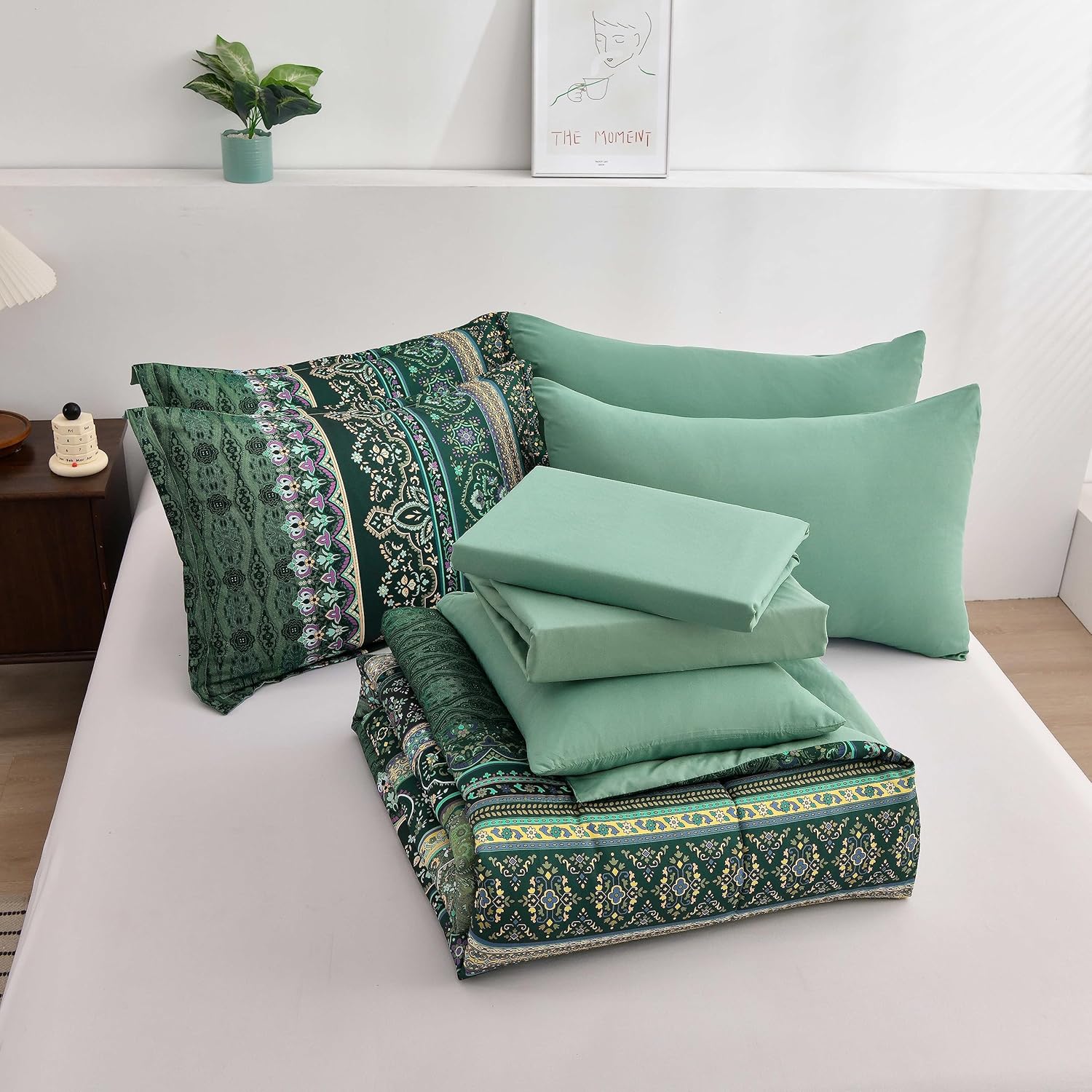 Boho Green Comforter Set Queen Size,8 Piece Bed in a Bag Bohemian Striped Bedding Quilt Set,Dark green Paisley Floral Comforter and Sheet Set,Soft Microfiber Complete Bedding Sets for All Season - Image 7