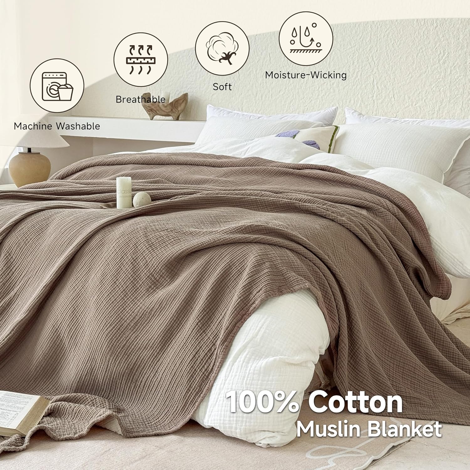 Simple&Opulence 100% Cotton Muslin Blanket King Size, Lightweight Breathable 4 Layering Gauze Blanket for Bed Couch Camping, Soft Bedspread Coverlet All-Season Use (Coffee, 104" x 92") - Image 4
