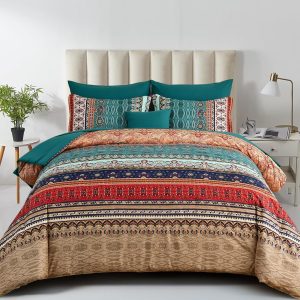 Cottolester Boho Queen Size Comforter Set 8 Pieces,Green and Brown Bohemian Striped Bed in a Bag,Floral Soft Microfiber Bedding Comforter Set