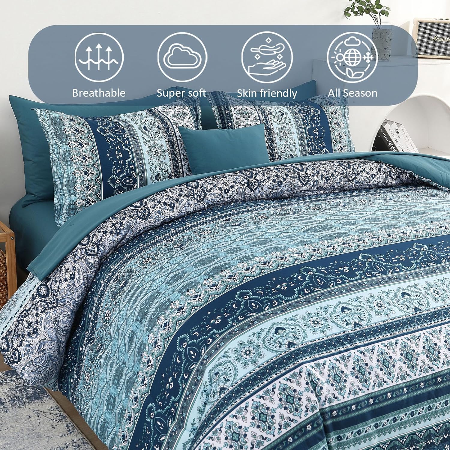 Cottolester Boho Blue Comforter Set Queen Size 8 Pieces,Teal Blue Comforter Bohemian Striped Bed in A Bag,Soft Microfiber Bedding Set for All Seasons - Image 3