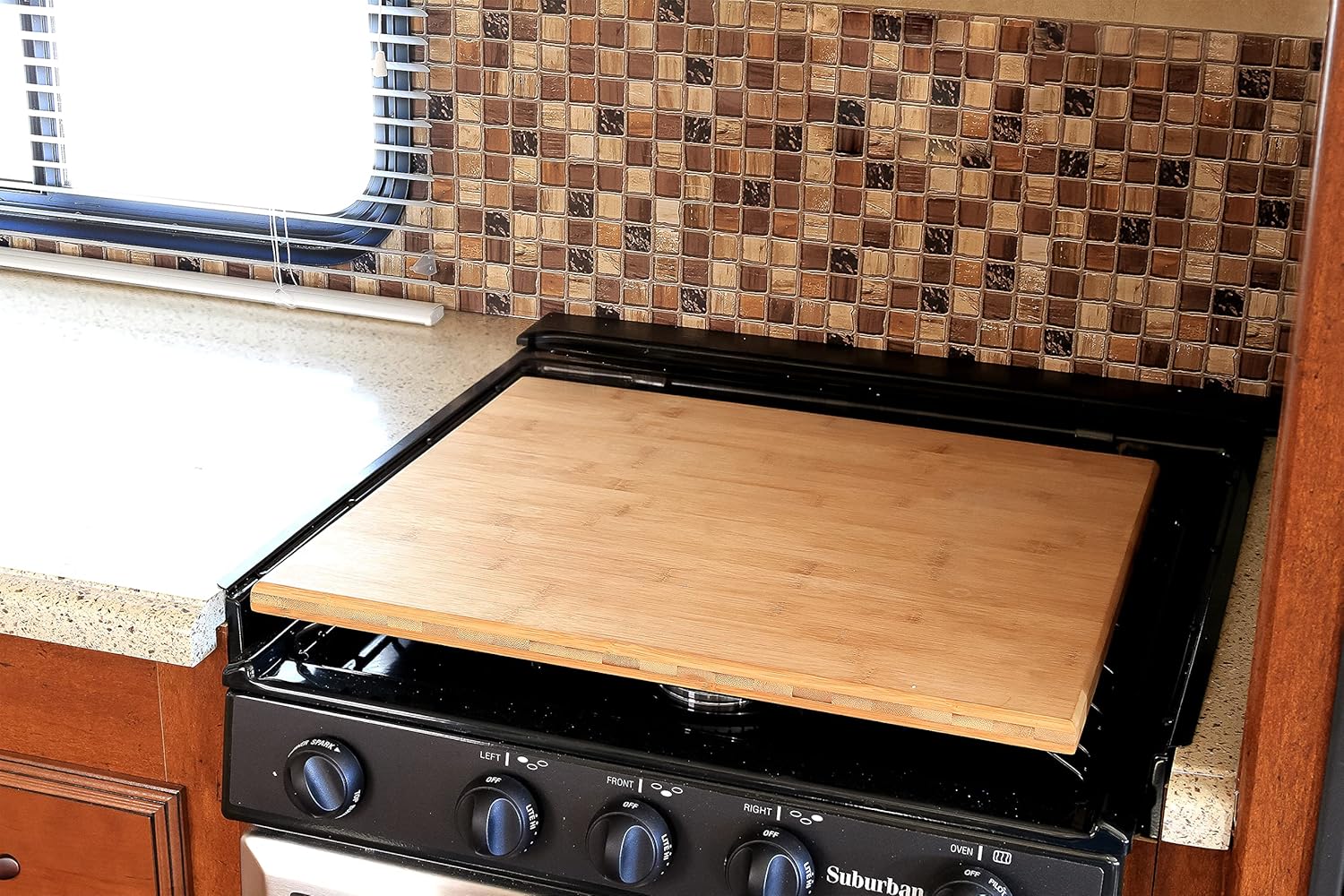Camco Silent Top RV Stovetop Cover - Features Natural Bamboo Design w/Non-Toxic Protective Finish & 4 Non-Slip Rubber Feet - Fits Most 3 or 4 Burner RV Stoves - Measures 19.5” x 17” x .75” (43571) - Image 3