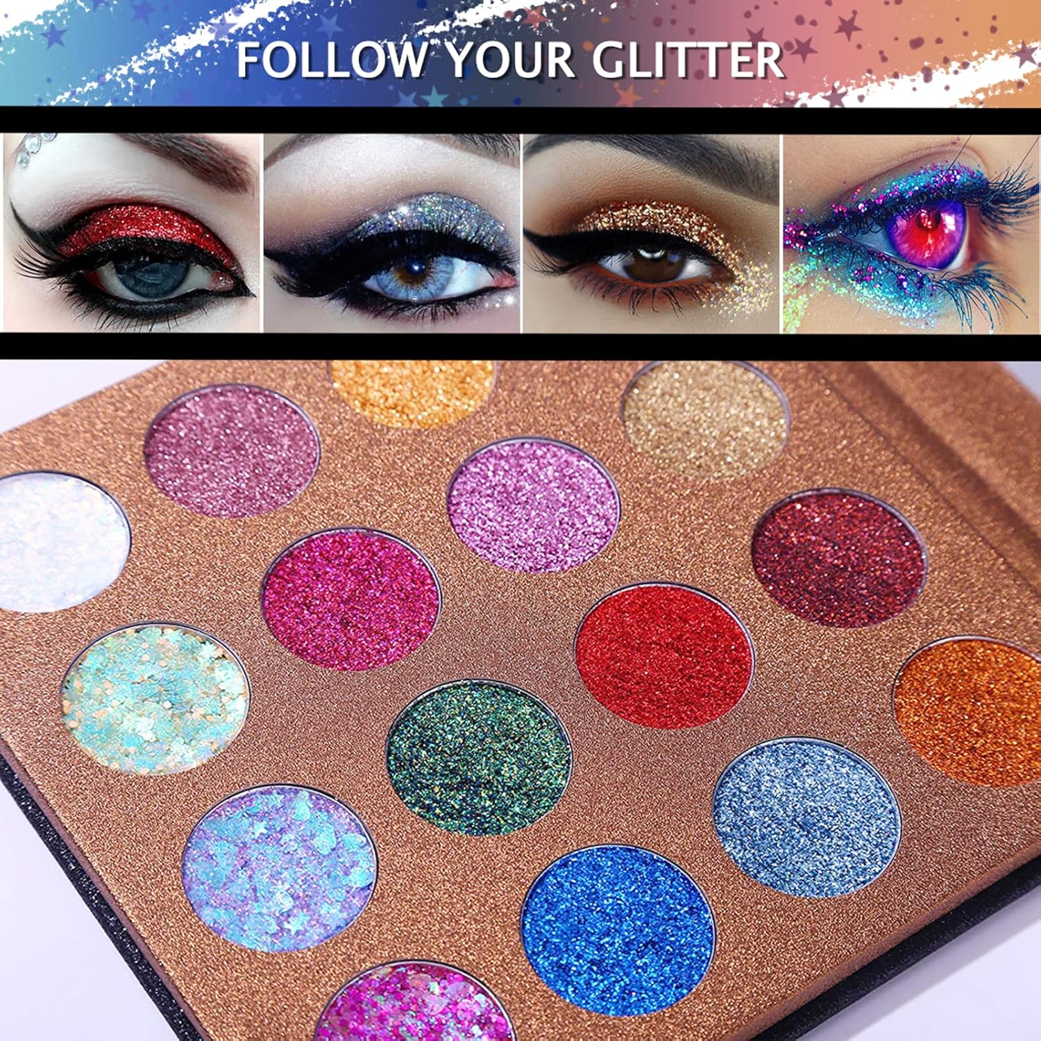 UCANBE Pro Glitter Eyeshadow Palette - Professional 16 Colors - Chunky & Fine Pressed Glitter Eye Shadow Powder Makeup Pallet Highly Pigmented Ultra Shimmer for Face Body - Image 2
