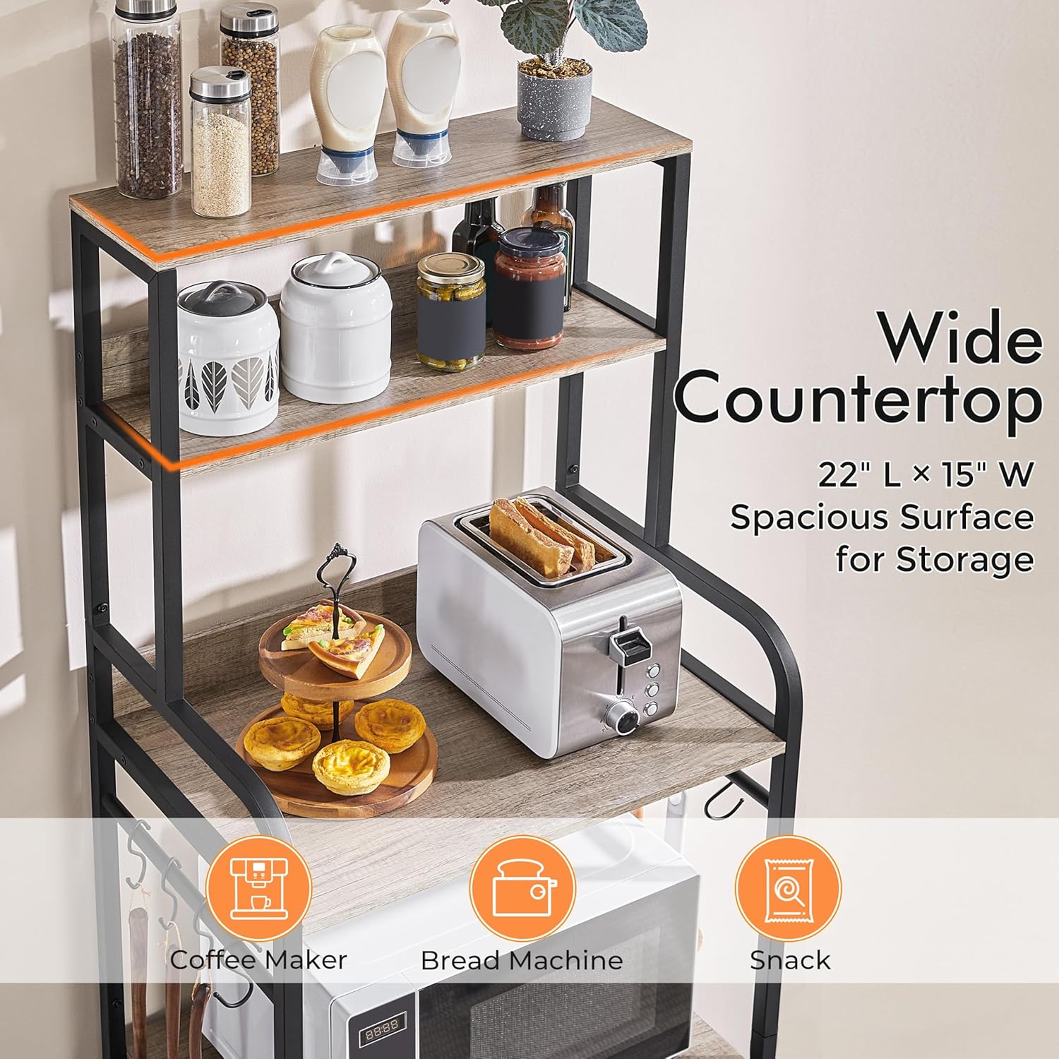 Yaheetech 4-Tier Kitchen Bakers Rack with Storage Cabinet and Hutch, Microwave Oven Stand Coffee Bar Pantry Cabinet with 8 S Hooks, Freestanding Kitchen Shelves Spice Rack, Gray - Image 4