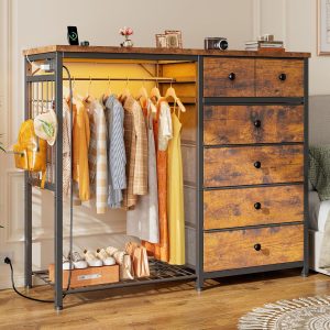 EnHomee 49.2" W Dresser with Hanging Rack & 6 Fabric Drawers – Wooden Top Organize Unit Featuring LED Lights, Charging Station & Grid Panel for Bedroom, Rustic Brown