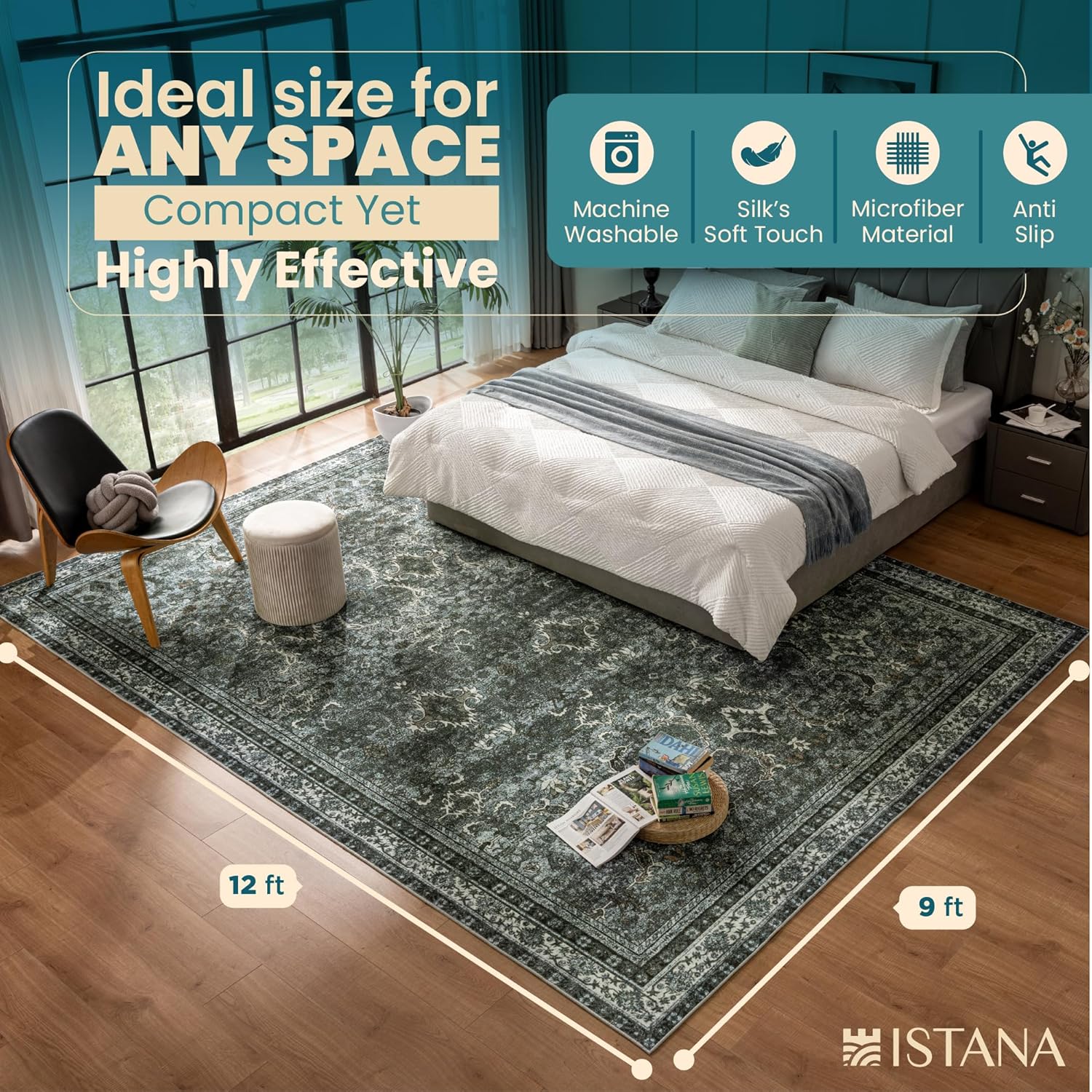 Istana 9x12 Area Rug - Dark Green 9 x 12 Area Rugs for Living Room - Foldable Rugs for Bedroom/Living Room Rug 9x12 - Stain Resistant Washable Rugs - Eco-Friendly Area Rugs - Image 2