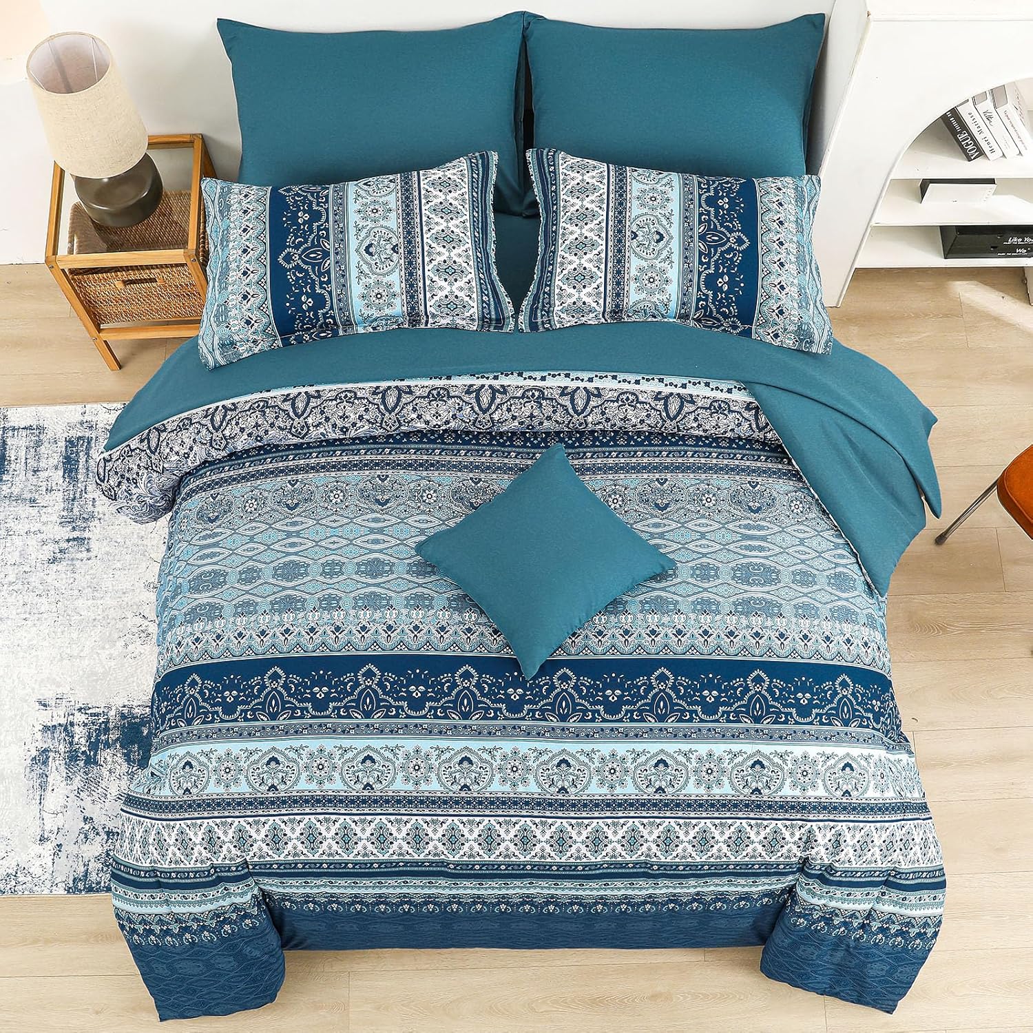 Cottolester Boho Blue Comforter Set Queen Size 8 Pieces,Teal Blue Comforter Bohemian Striped Bed in A Bag,Soft Microfiber Bedding Set for All Seasons - Image 4
