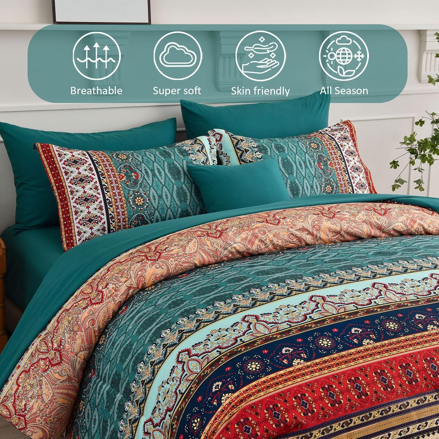 Cottolester Boho Queen Size Comforter Set 8 Pieces,Green and Brown Bohemian Striped Bed in a Bag,Floral Soft Microfiber Bedding Comforter Set - Image 3