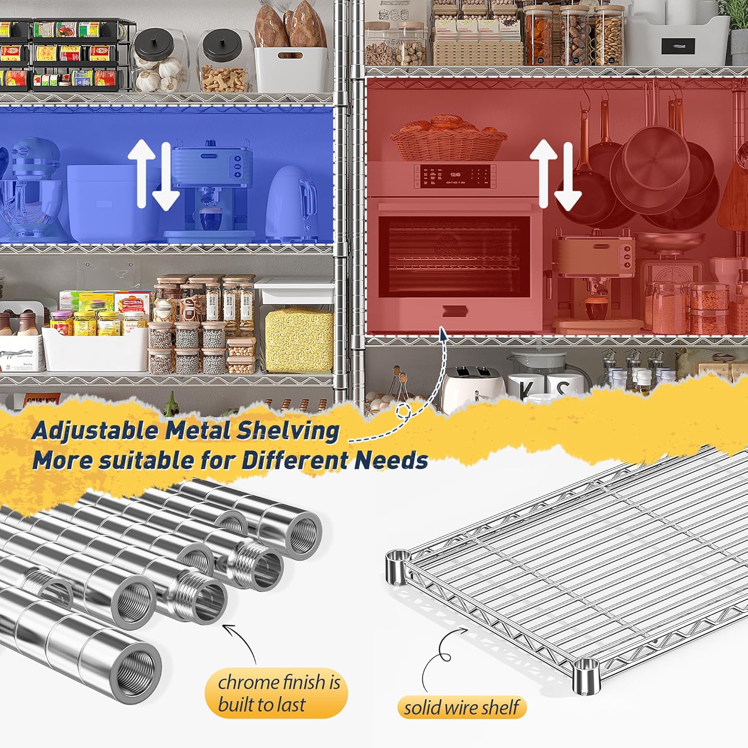 REIBII 70" W Wire Shelving Load 1500LBS, Metal Shelving 5-Tier Storage Shelves Metal Shelves for Storage Adjustable Shelving Rack for Pantry Kitchen Commercial School 70" W*15.8" D*72.4" H,Chrome - Image 7