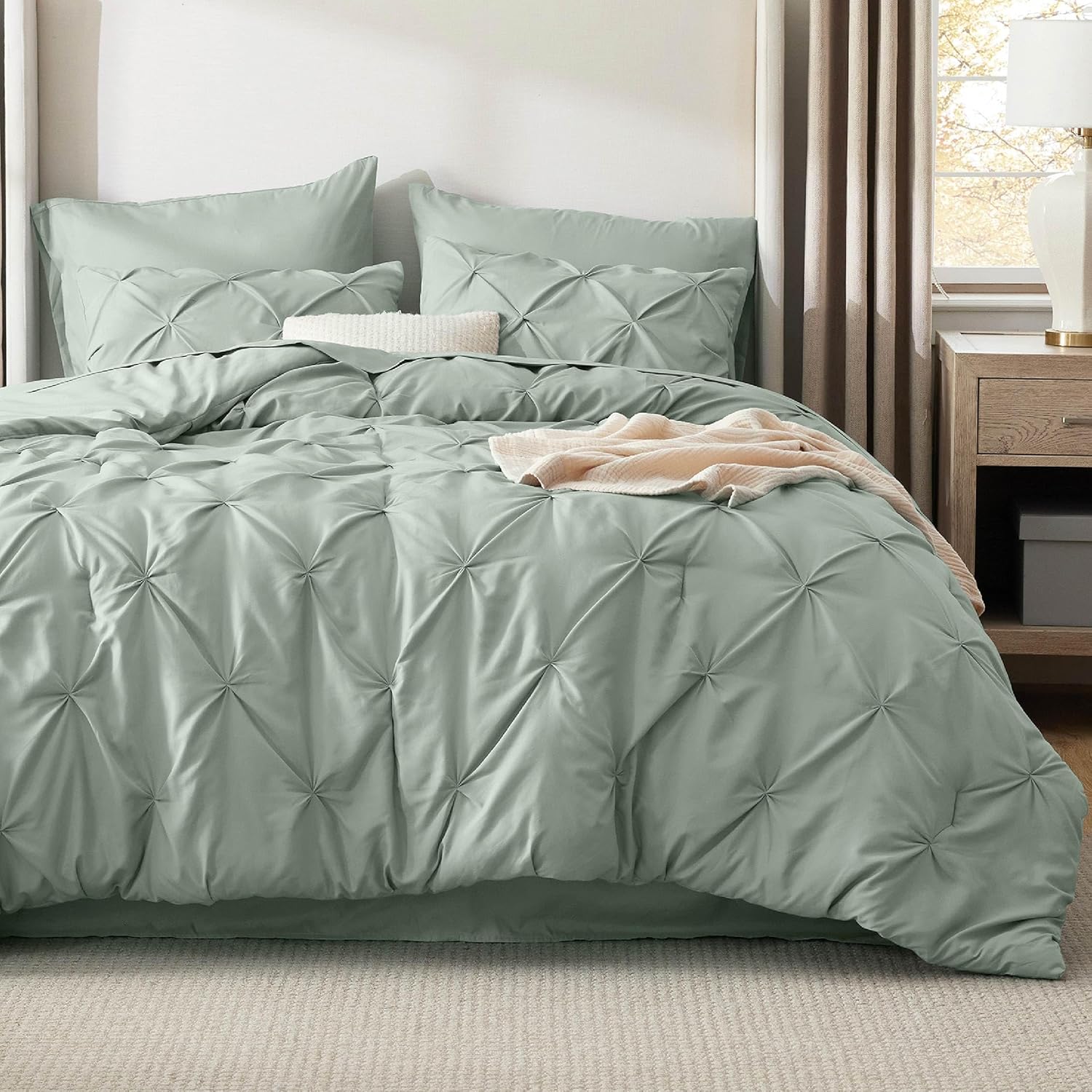 Bedsure Queen Comforter Set Sage Green - Bed in a Bag Queen Size Bedding 7 Pieces, GentleSoft™ Pintuck Bed Set Gift for Family, Pinch Pleat All Season Comforter with Sheets, Pillowcases & Shams - Image 2