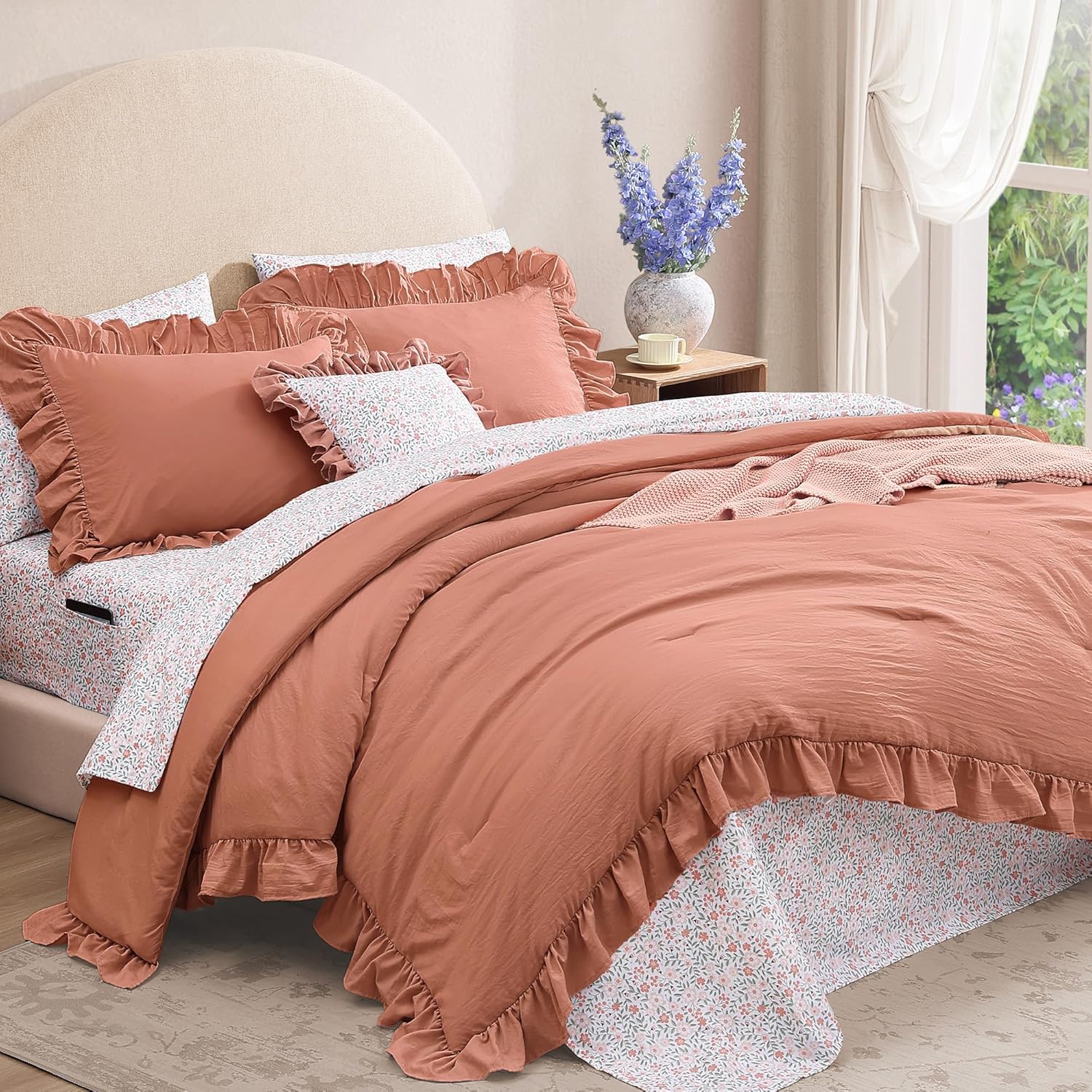 Queen Comforter Set - 7 Pieces Ruffle Autumn Leaf Bedding Sets, Shabby Chic Farmhouse Bed in a Bag Queen with Ruffle Comforter, Floral Sheets, Pillowcases & Shams - Image 3