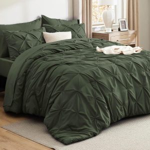 Bedsure Queen Comforter Set Olive Green - Bed in a Bag Queen Size Bedding 7 Pieces, GentleSoft™ Pintuck Bed Set Gift for Family, Pinch Pleat All Season Comforter with Sheets, Pillowcases & Shams