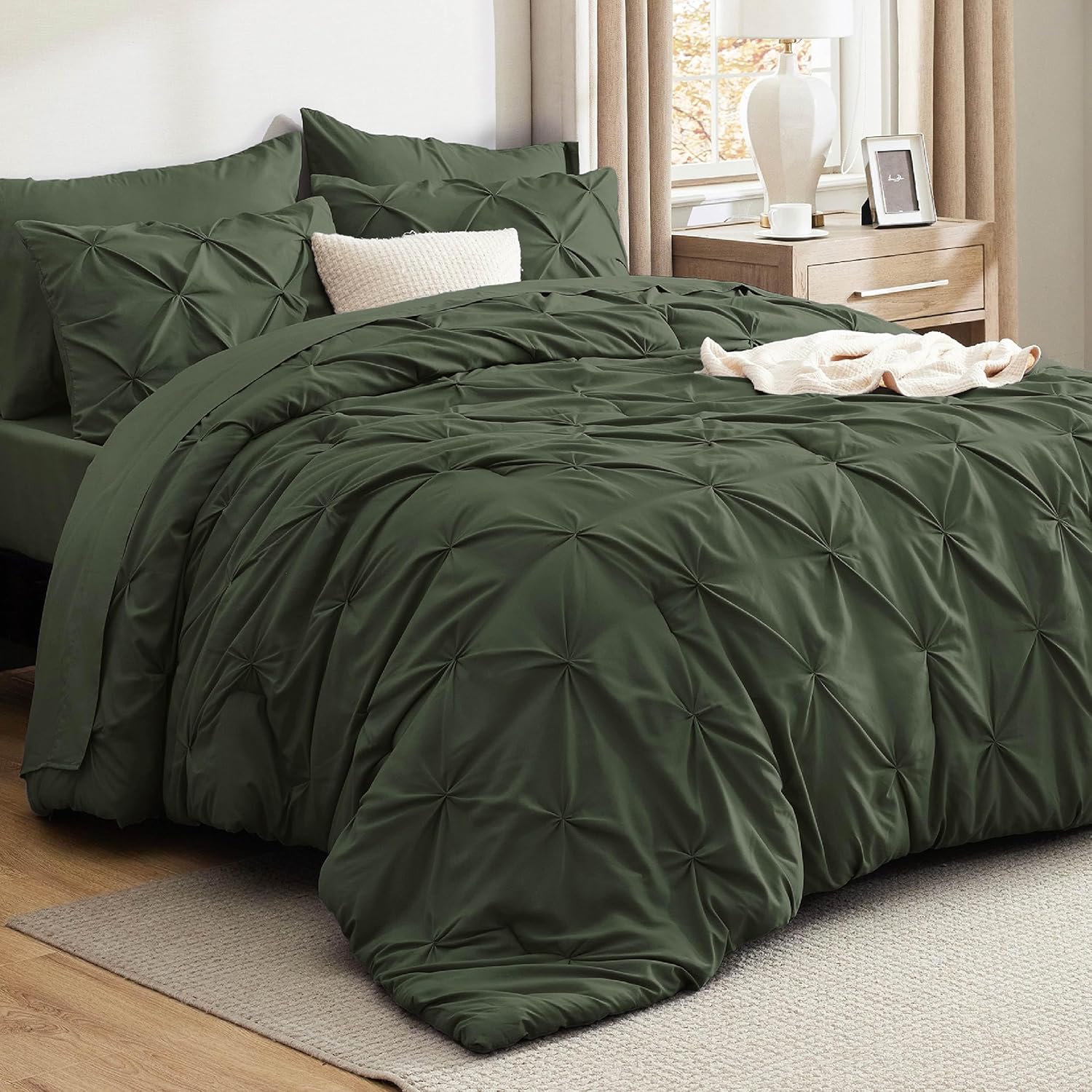 Bedsure Queen Comforter Set Olive Green – Bed in a Bag Queen Size Bedding 7 Pieces, GentleSoft™ Pintuck Bed Set Gift for Family, Pinch Pleat All Season Comforter with Sheets, Pillowcases & Shams