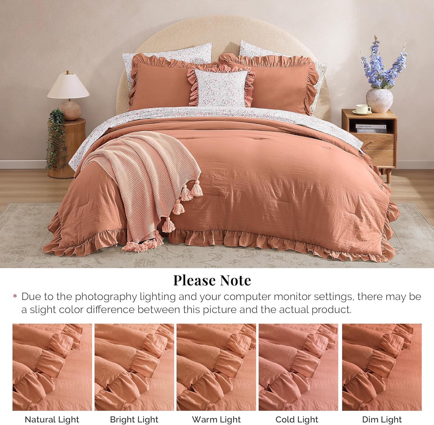 Queen Comforter Set - 7 Pieces Ruffle Autumn Leaf Bedding Sets, Shabby Chic Farmhouse Bed in a Bag Queen with Ruffle Comforter, Floral Sheets, Pillowcases & Shams - Image 9
