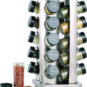 Orii 20 Jar Spice Rack with Spices Included - Revolving Tower Organizer for Kitchen Spices and Seasonings, (Stainless Steel)