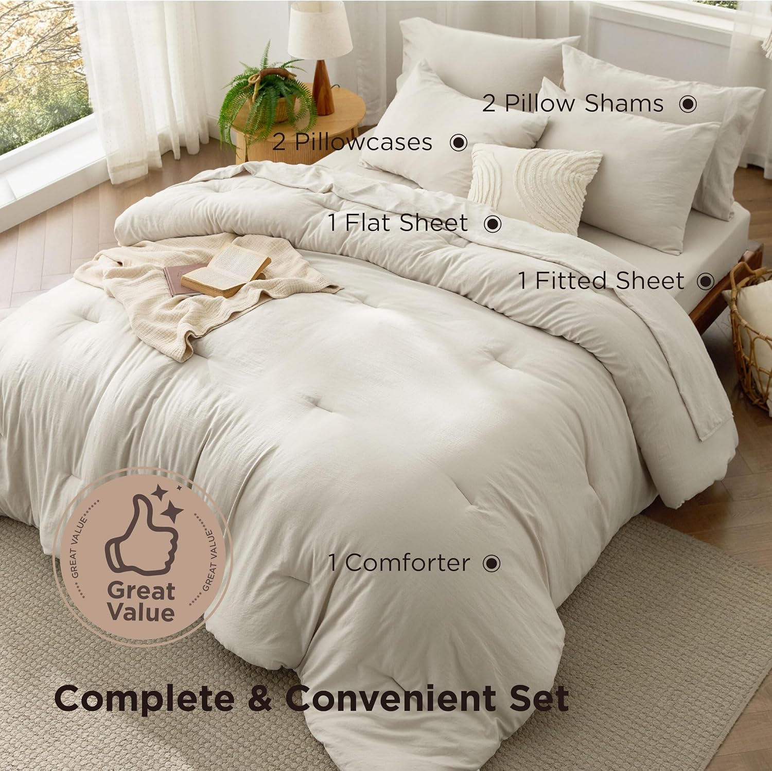 Bedsure Full Size Comforter Set, Beige Soft Prewashed Bedding for All Seasons, 7 Pieces Warm Winter Down Alternative Bed Set, Fluffy Bed in a Bag with Sheets, Pillowcases & Shams - Image 4