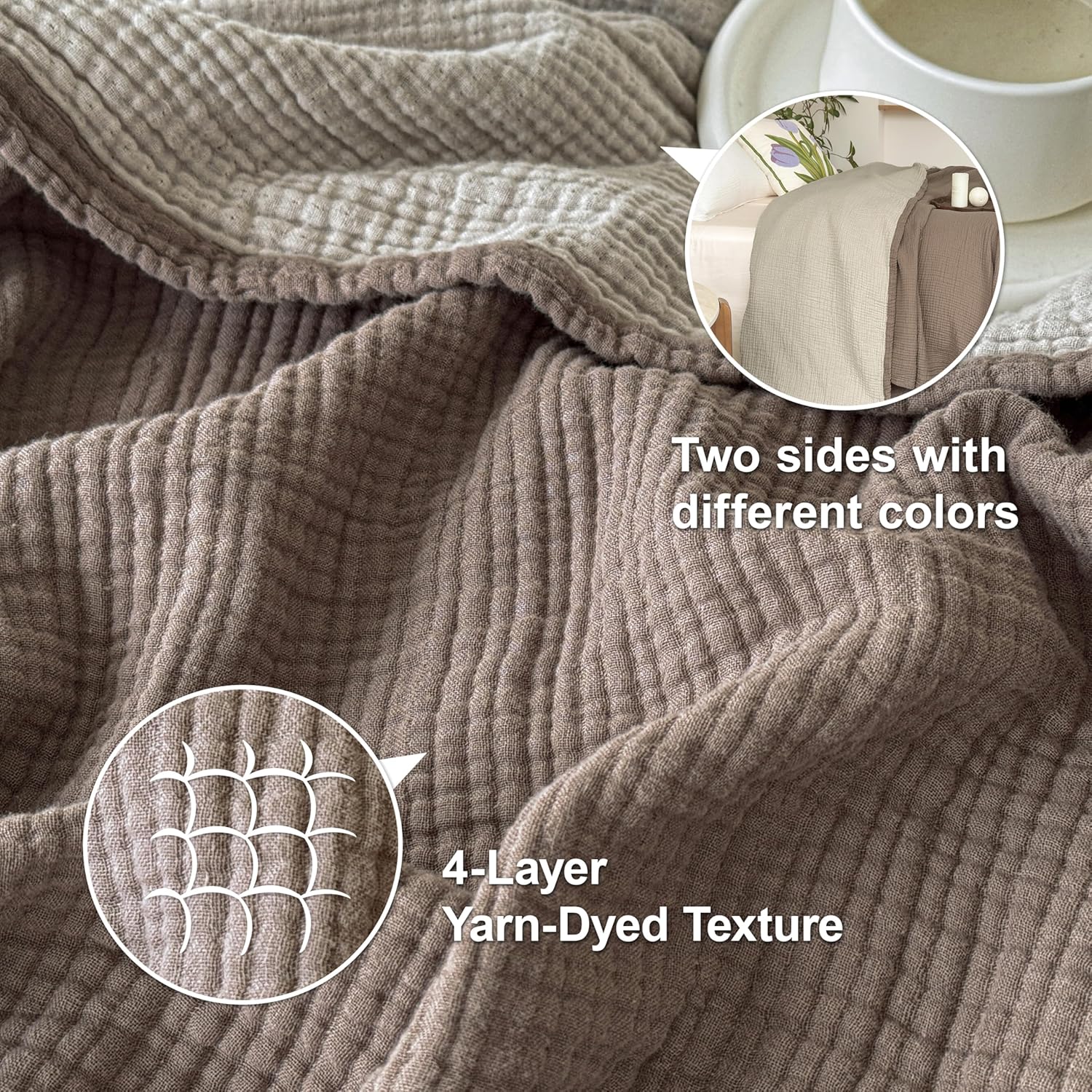 Simple&Opulence 100% Cotton Muslin Blanket King Size, Lightweight Breathable 4 Layering Gauze Blanket for Bed Couch Camping, Soft Bedspread Coverlet All-Season Use (Coffee, 104" x 92") - Image 3