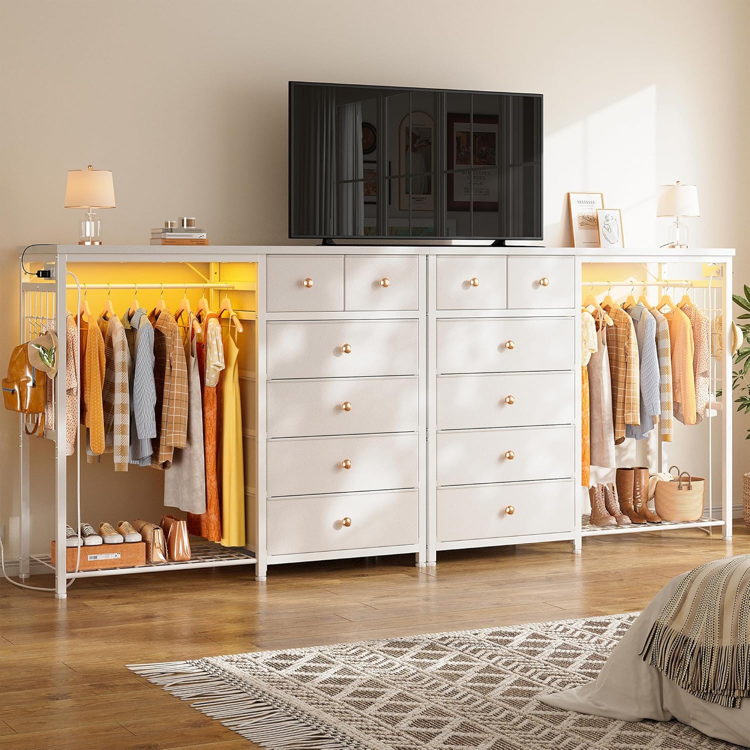 EnHomee 49.2" W White Dresser for Bedroom with Hanging Rack, 6 Drawers Dresser with LED Lights & Charging Station, Fabric Dressers & Chest of Drawers with Rack, Wooden Top, Grid Panel - Image 6