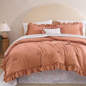 Queen Comforter Set - 7 Pieces Ruffle Autumn Leaf Bedding Sets, Shabby Chic Farmhouse Bed in a Bag Queen with Ruffle Comforter, Floral Sheets, Pillowcases & Shams