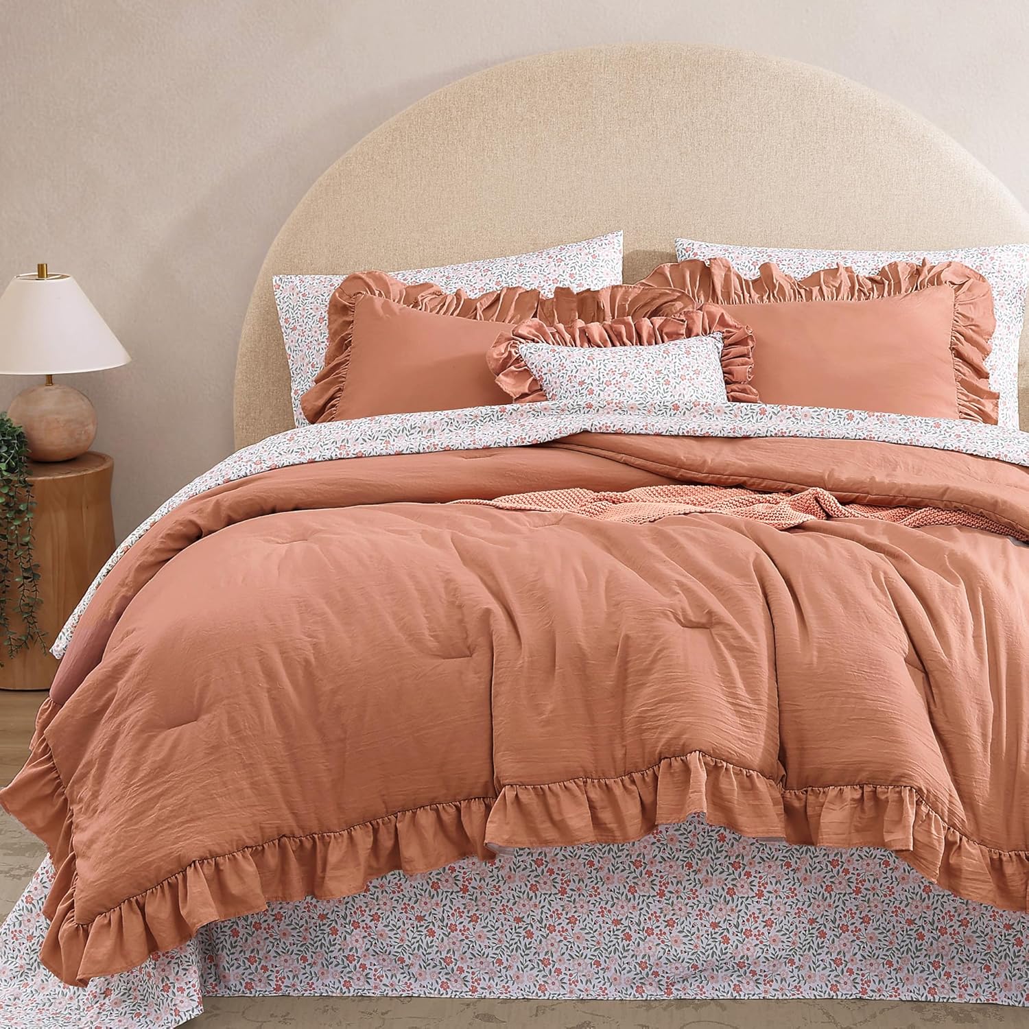 Queen Comforter Set - 7 Pieces Ruffle Autumn Leaf Bedding Sets, Shabby Chic Farmhouse Bed in a Bag Queen with Ruffle Comforter, Floral Sheets, Pillowcases & Shams