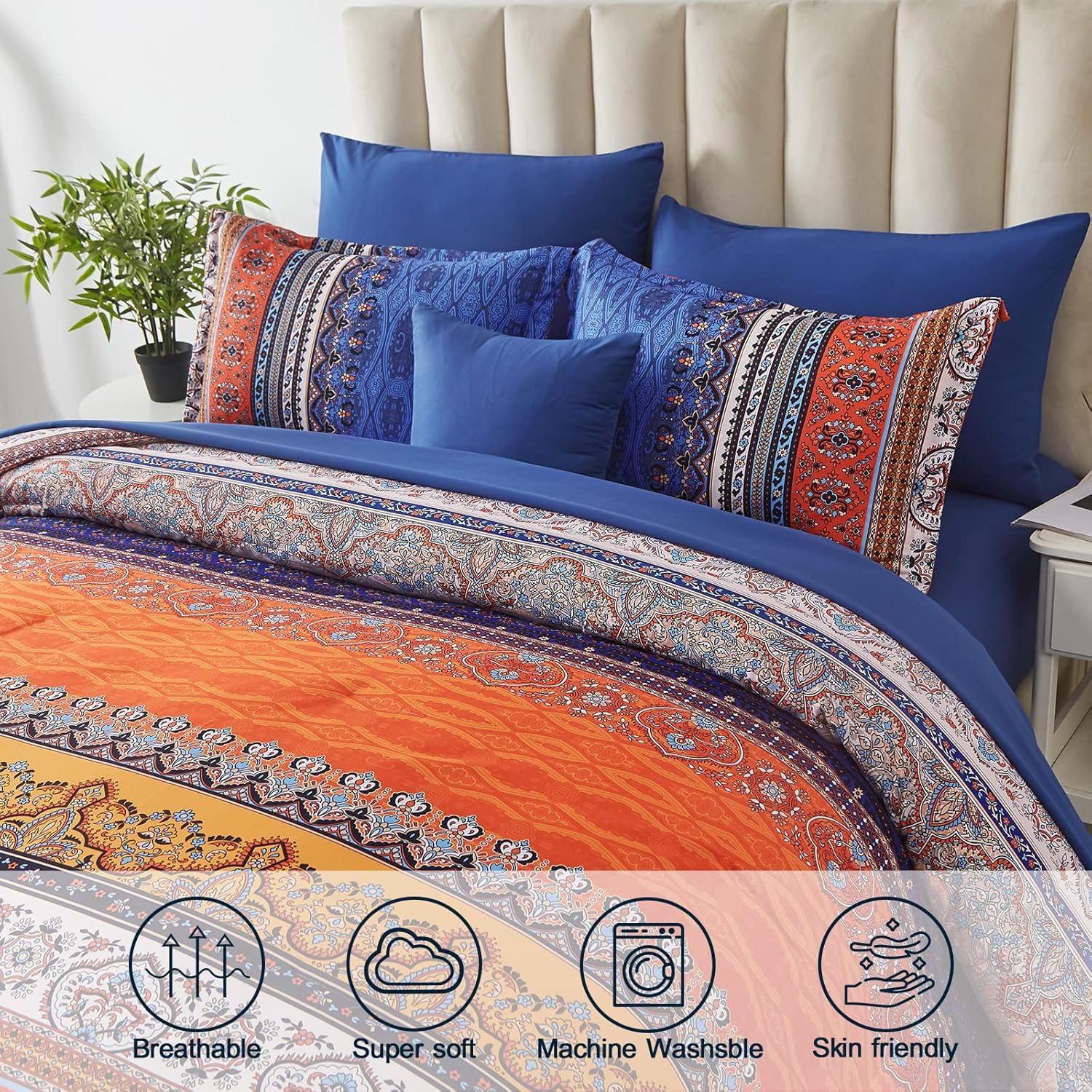 Cottolester Boho Comforter Set King Size 8 Piece Bed in a Bag Burnt Orange Paisley Fall Comforter and Sheet Set Bohemian Striped Bedding Set,Soft Microfiber Complete Bedding Set - Image 3
