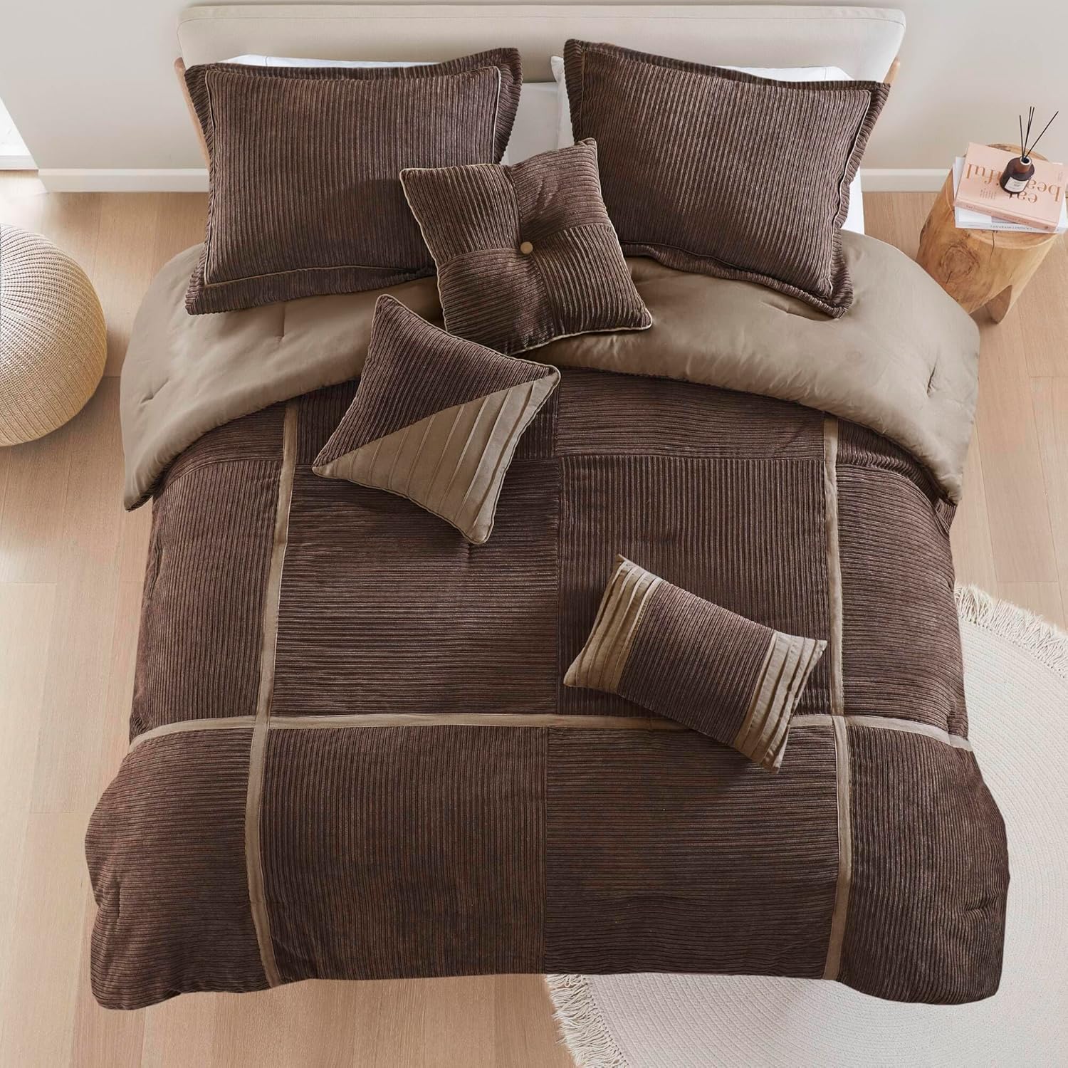 CHARMMA 7 Piece Micro Corduroy Comforter Set Brown Cal King, 104.00x92.00x1.50in - Image 3
