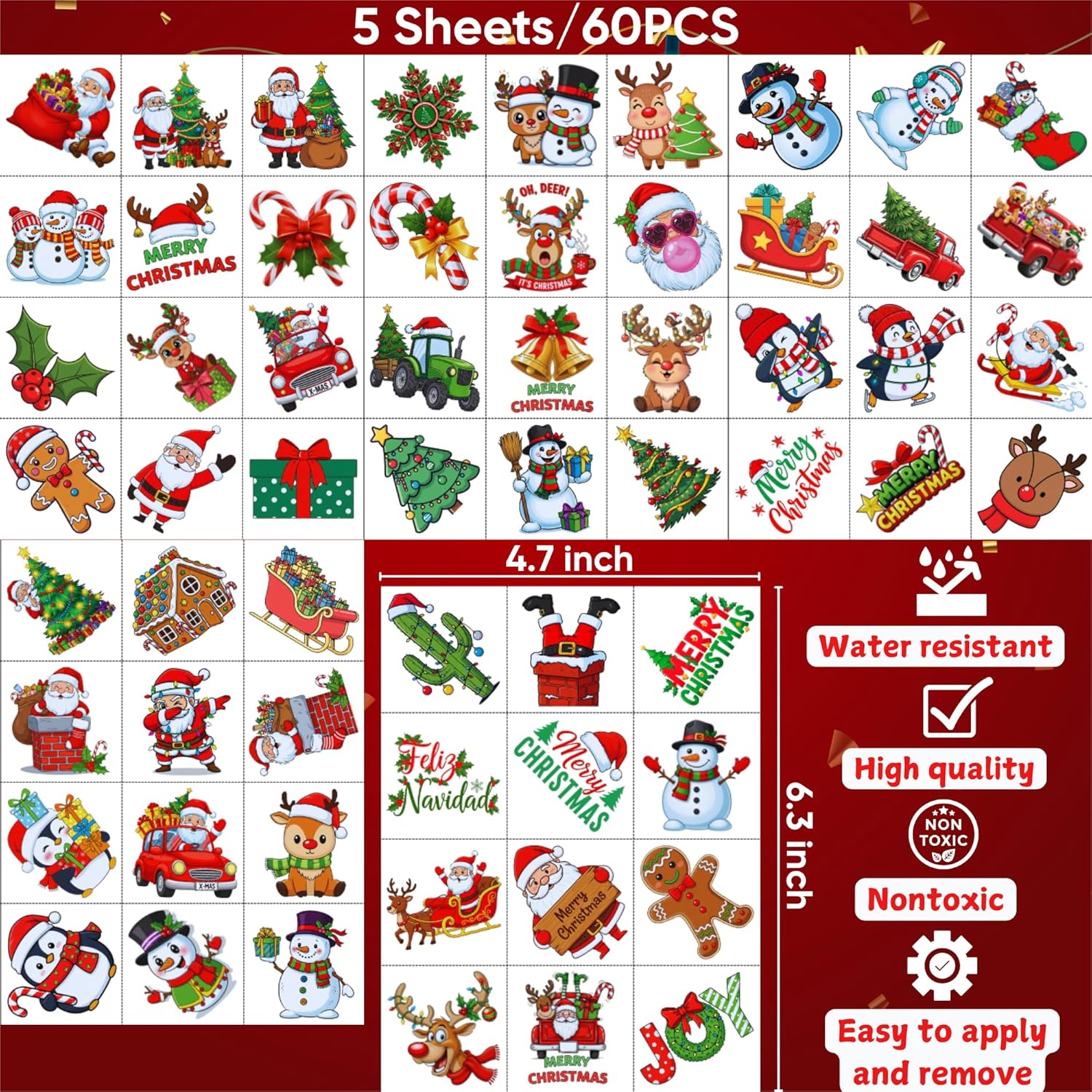 Christmas Temporary Tattoos | Christmas Decorations Party Favors Accessories Goodie Bags Stocking Stuffers Stickers Xmas Santa Claus Reindeer Snowman Gift Idea For Kids Boy Girl Teen Adult-60Pcs - Image 4