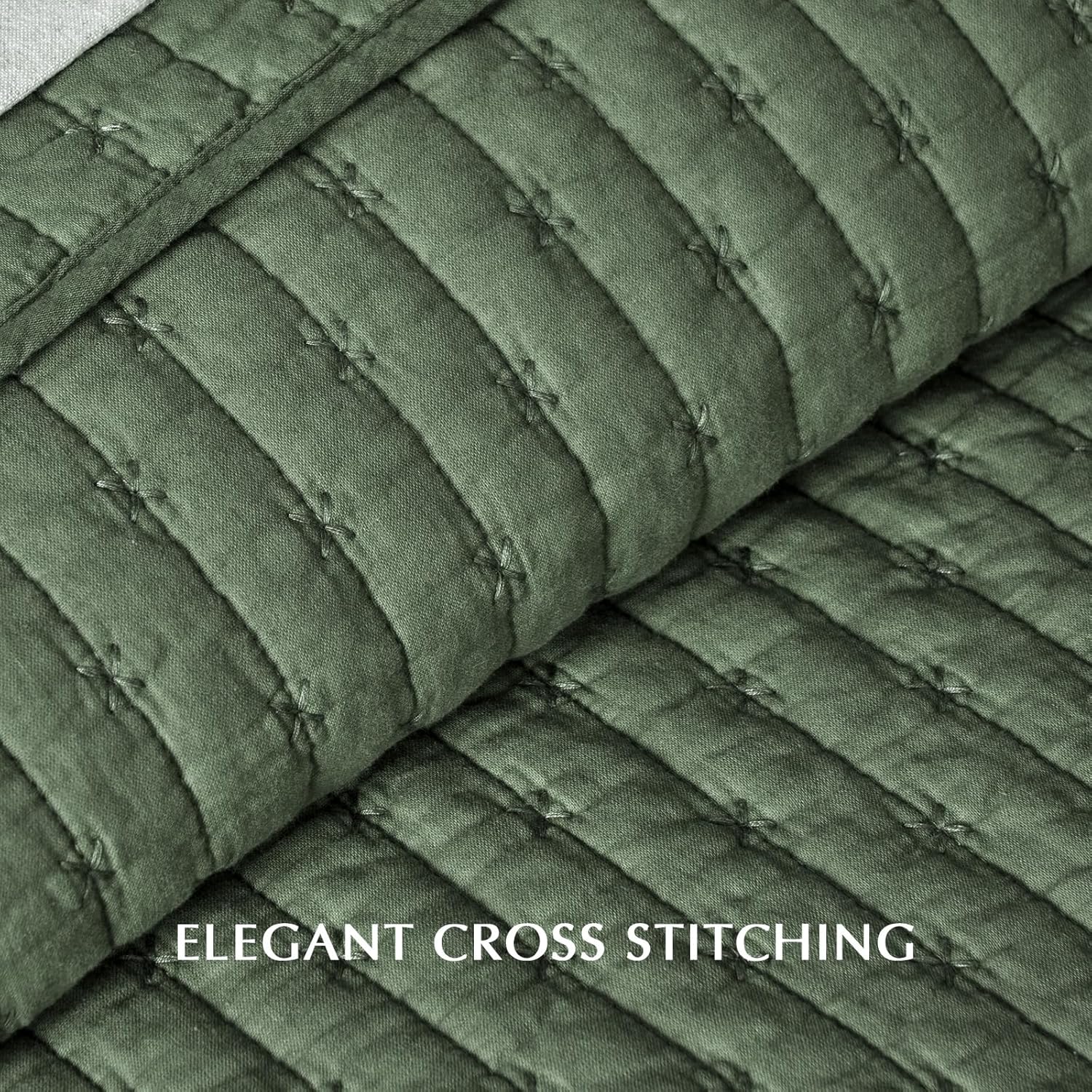 EVERGRACE Cross Stitch Pre-Washed Cotton Quilt Bedding Set King Size, Oversized 3 Pieces Lightweight Bedspread Coverlet for All Season, with 2 Matching Shams, Olive Green,108"x96" - Image 7