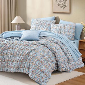 Full Size Comforter Sets-7 Pieces Puff Marigold Blue Floral Bedding Set for All Seasons, Shabby Chic Farmhouse Bed in a Bag Full with Floral Comforter, Sheets, Pillowcases & Shams