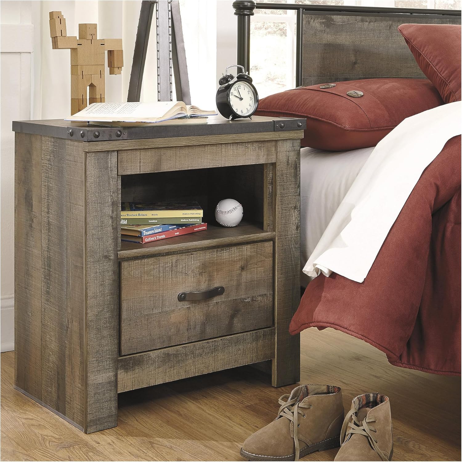 Signature Design by Ashley Trinell Rustic 1 Drawer Nightstand, USB Charing, Storage Cubby, Nailhead Accents, Wood, 24.72" W x 16.18" D x 26.22" H, Warm Brown - Image 2