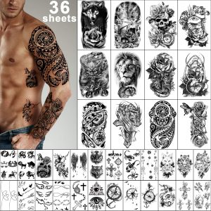 Yazhiji 36 Sheets Temporary Tattoos Stickers, 12 Sheets Fake Body Arm Chest Shoulder Tattoos for Men or Women with 24 Sheets Tiny Black Tattoos