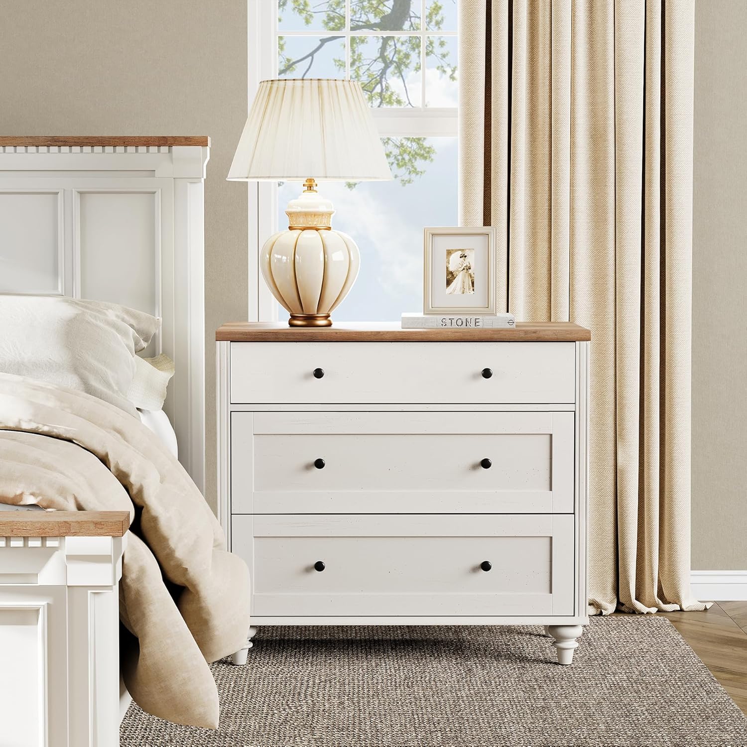 WAMPAT Farmhouse Nightstand with 3 Drawers, Set of 2 Large 3 Drawers Wood Bedside Table Night Stand, Wide Sofa Side End Table Chest of Dresser for Living Room, Bedroom, White, 34 inch - Image 2