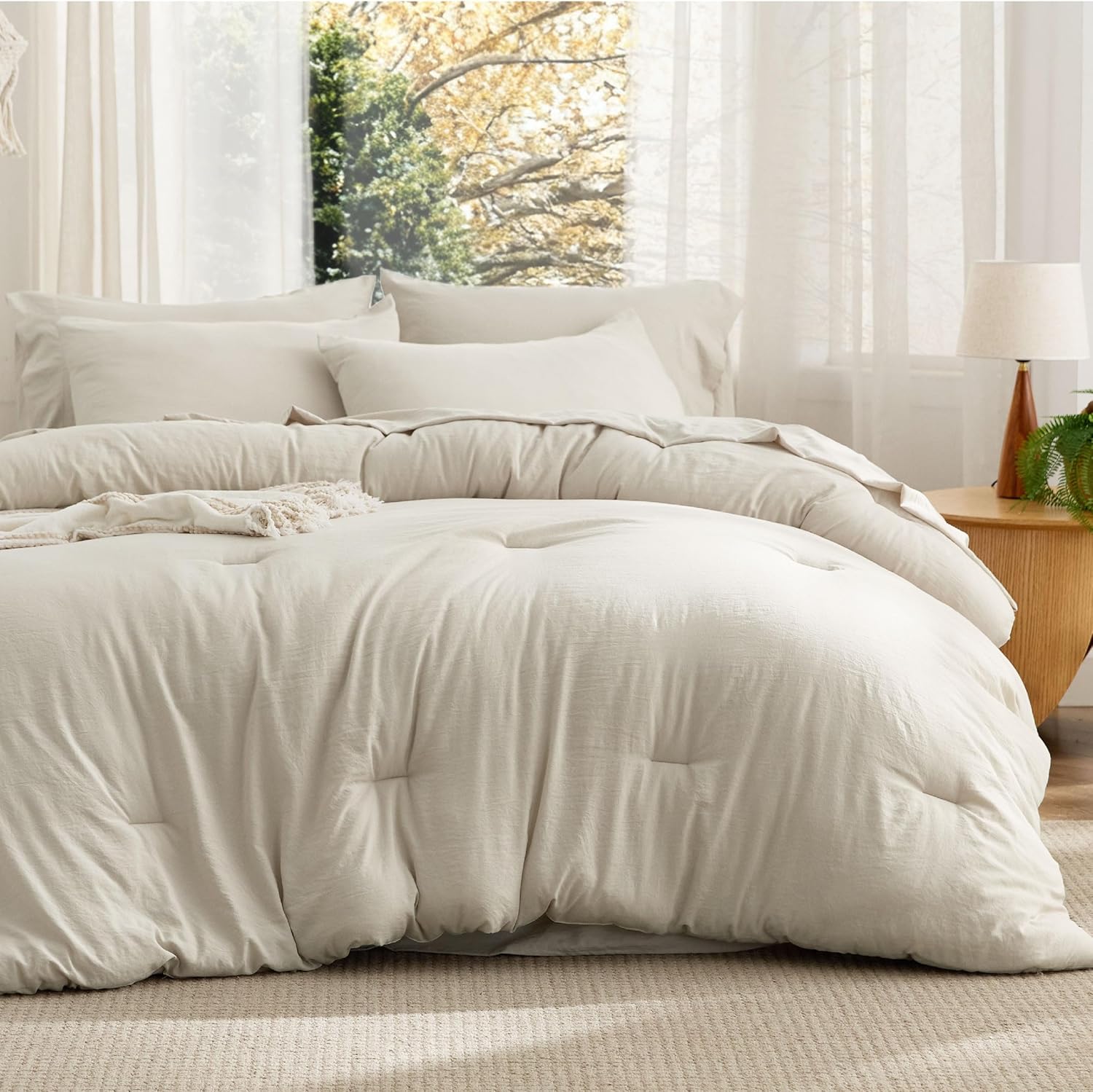 Bedsure Full Size Comforter Set, Beige Soft Prewashed Bedding for All Seasons, 7 Pieces Warm Winter Down Alternative Bed Set, Fluffy Bed in a Bag with Sheets, Pillowcases & Shams - Image 2