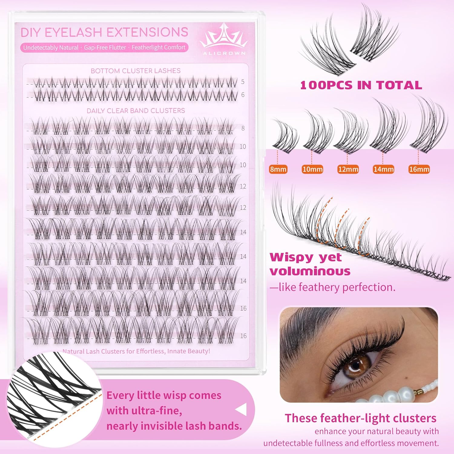Natural Lash Clusters Kit Wispy Eyelash Clusters Kit with Bottom Eyelashes C Curly Lash Extension Kit with Invisible Band DIY Individual Lashes Kit with Lash Bond and Seal 132Pcs - Image 3