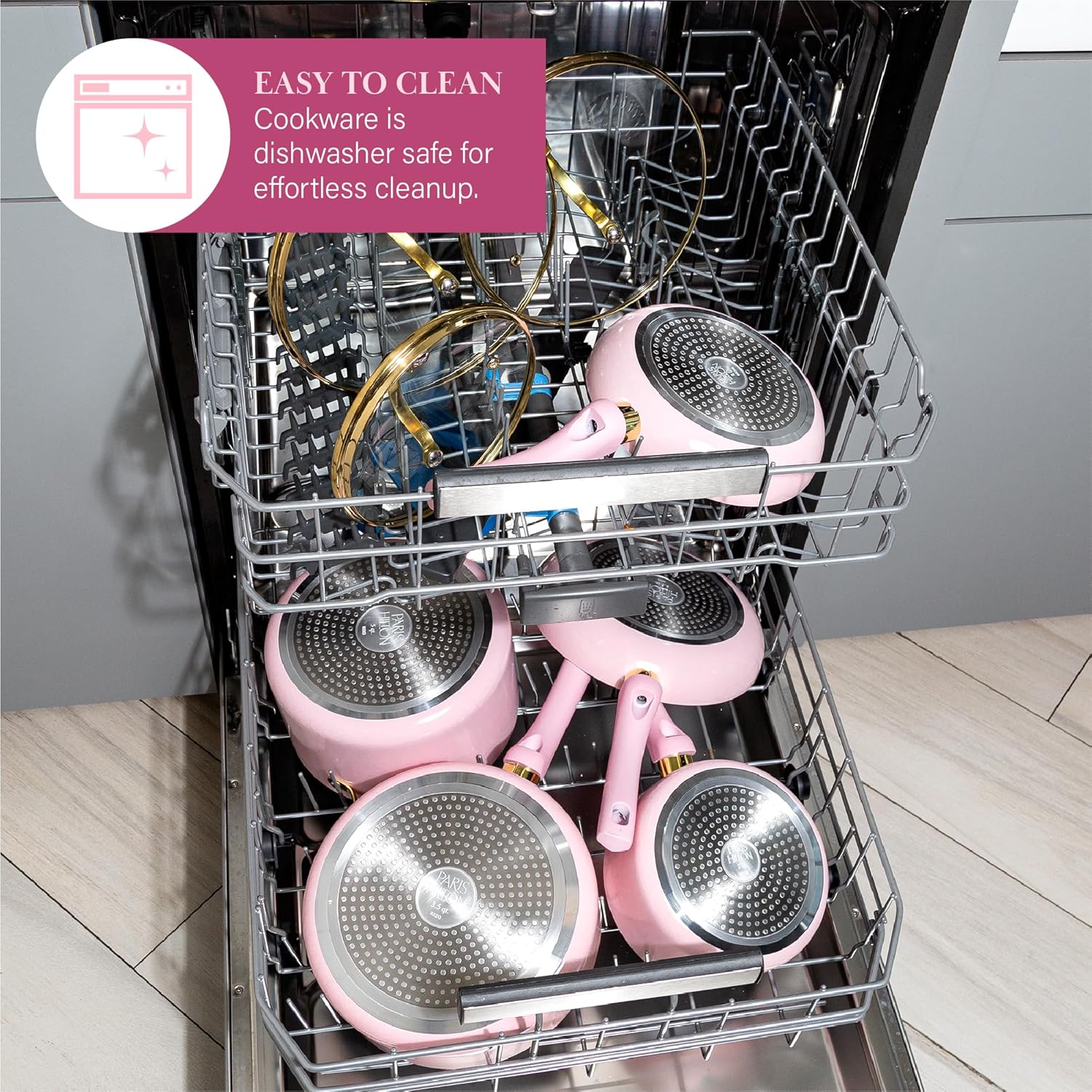 Paris Hilton Epic Nonstick Pots and Pans Set, Multi-layer Nonstick Coating, Tempered Glass Lids, Soft Touch, Stay Cool Handles, Made without PFOA, Dishwasher Safe Cookware Set, 12-Piece, Pink - Image 7