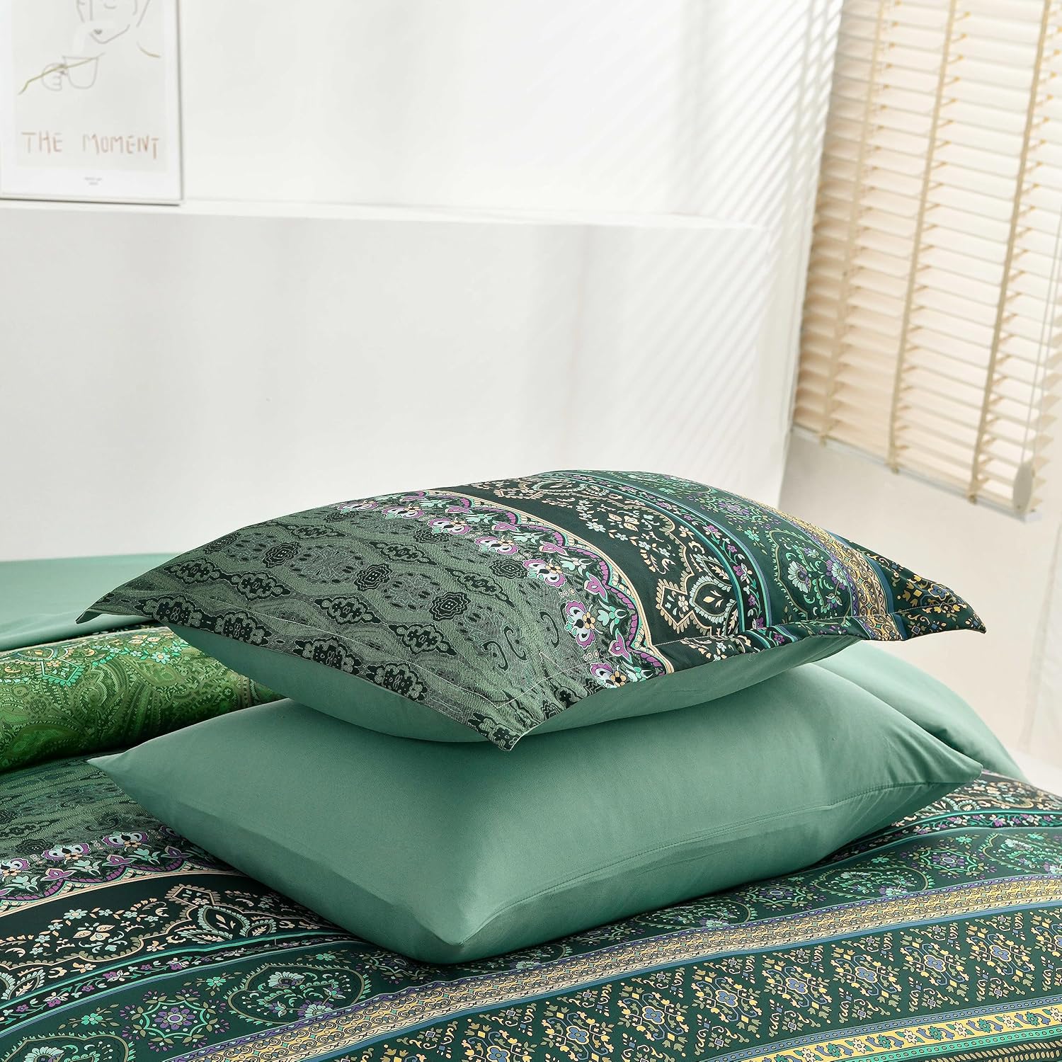 Boho Green Comforter Set Queen Size,8 Piece Bed in a Bag Bohemian Striped Bedding Quilt Set,Dark green Paisley Floral Comforter and Sheet Set,Soft Microfiber Complete Bedding Sets for All Season - Image 6