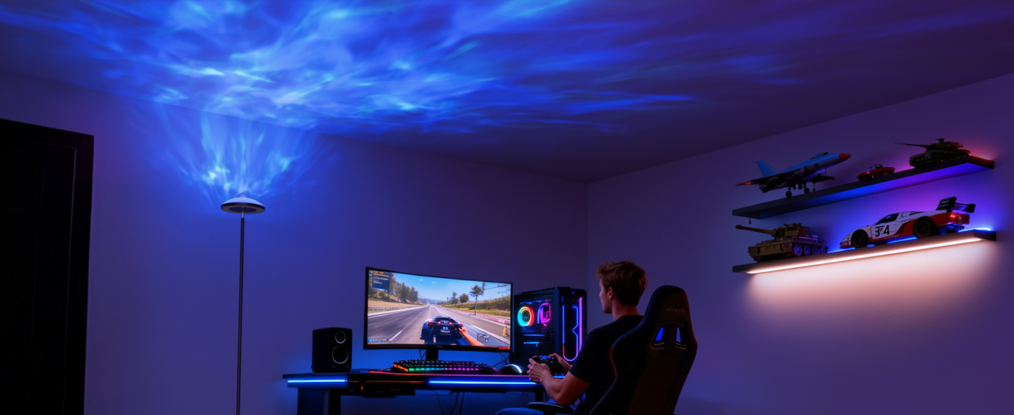 Room interior with blue ambient lighting effect, showing entertainment setup with screen and LED lighting creating atmospheric illumination.