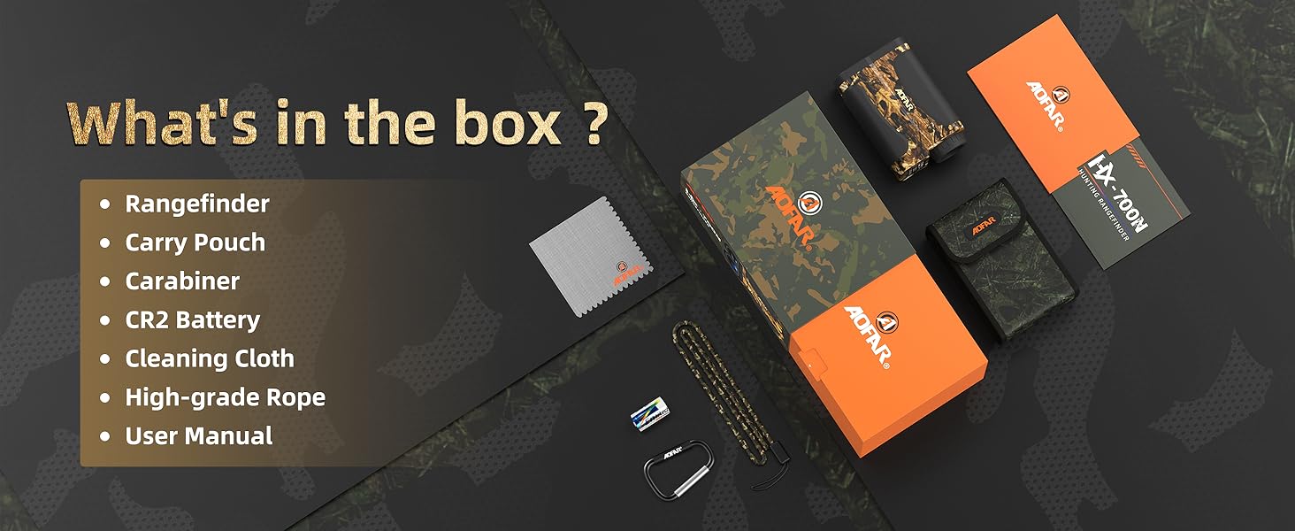 Outdoor gear set including rangefinder, carry pouch, carabiner, CR2 battery, cleaning cloth, high-grade rope, and user manual. Items displayed with orange and black packaging.