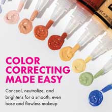 Text reads: 'COLOR CORRECTING MADE EASY'. Collection of color-correcting makeup concealers in clear tubes arranged diagonally showing various skin-tone shades.